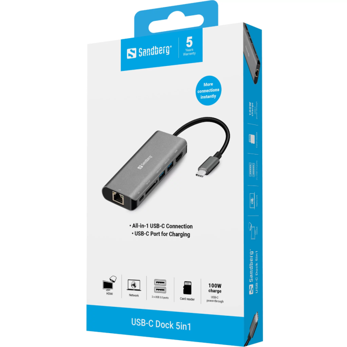 Priključna stanica USB-C Dock HDMI + LAN + SD + USB, 61W Sandberg-5