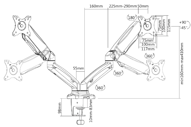 Nosač IcyBox za dva monitora do 27" na radnoj površini-9