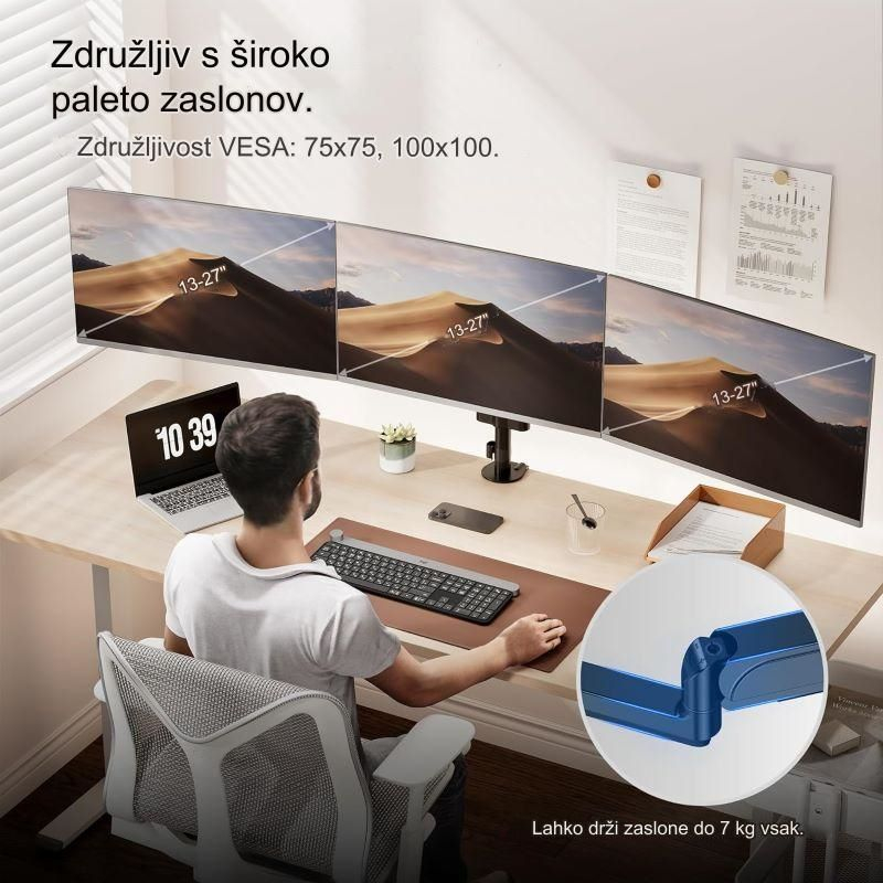 Trostruki stolni nosač VONHAUS do 32" 2 x USB 3.0/ plinska opruga-2