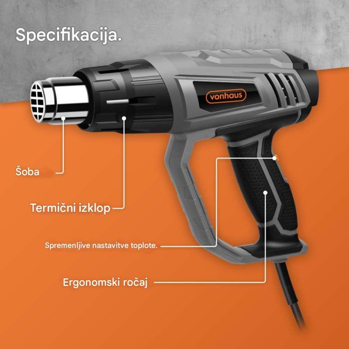 Pištolj na vrući zrak VONHAUS 2000W (220 - 240V, 2000W, maksimalna temperatura 550 °C, minimalna temperatura 350 °C, duljina kabela 1.8 m)-9