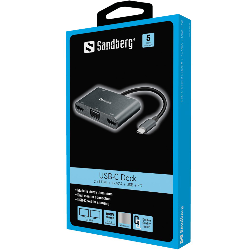 Priključna stanica USB-C Dock 2xHDMI + 1xVGA + USB + PD Sandberg-1