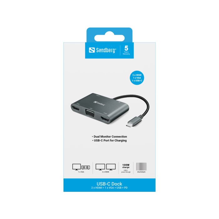 Priključna stanica USB-C Dock 2xHDMI + 1xVGA + USB + PD Sandberg-2