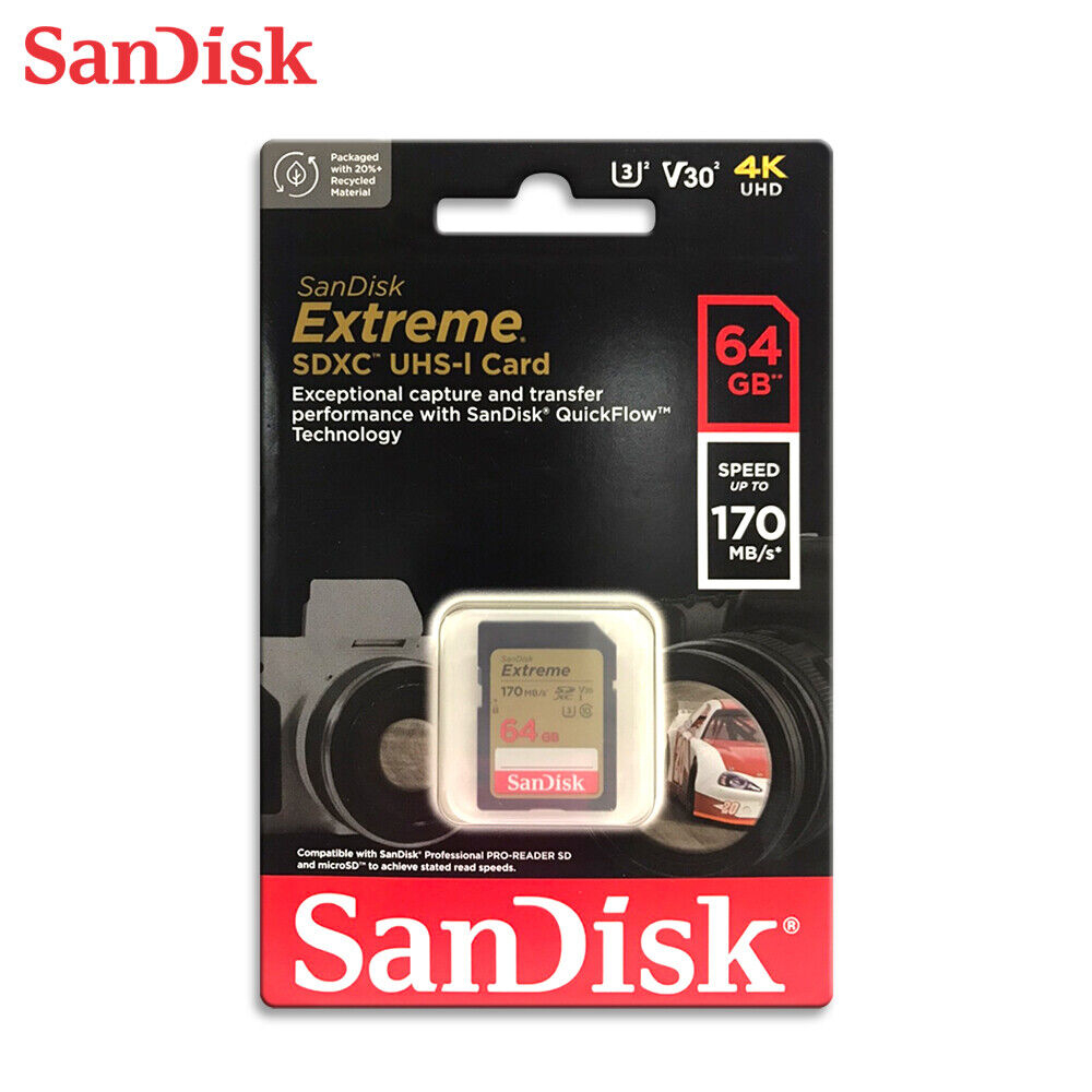 Memorijska kartica SDXC Extreme SanDisk 64 GB + 1 godina RescuePRO Deluxe (brzina čitanja: do 170 MB/s, brzina pisanja: do 80 MB/s, UHS-I, Class 10, U3, V30)