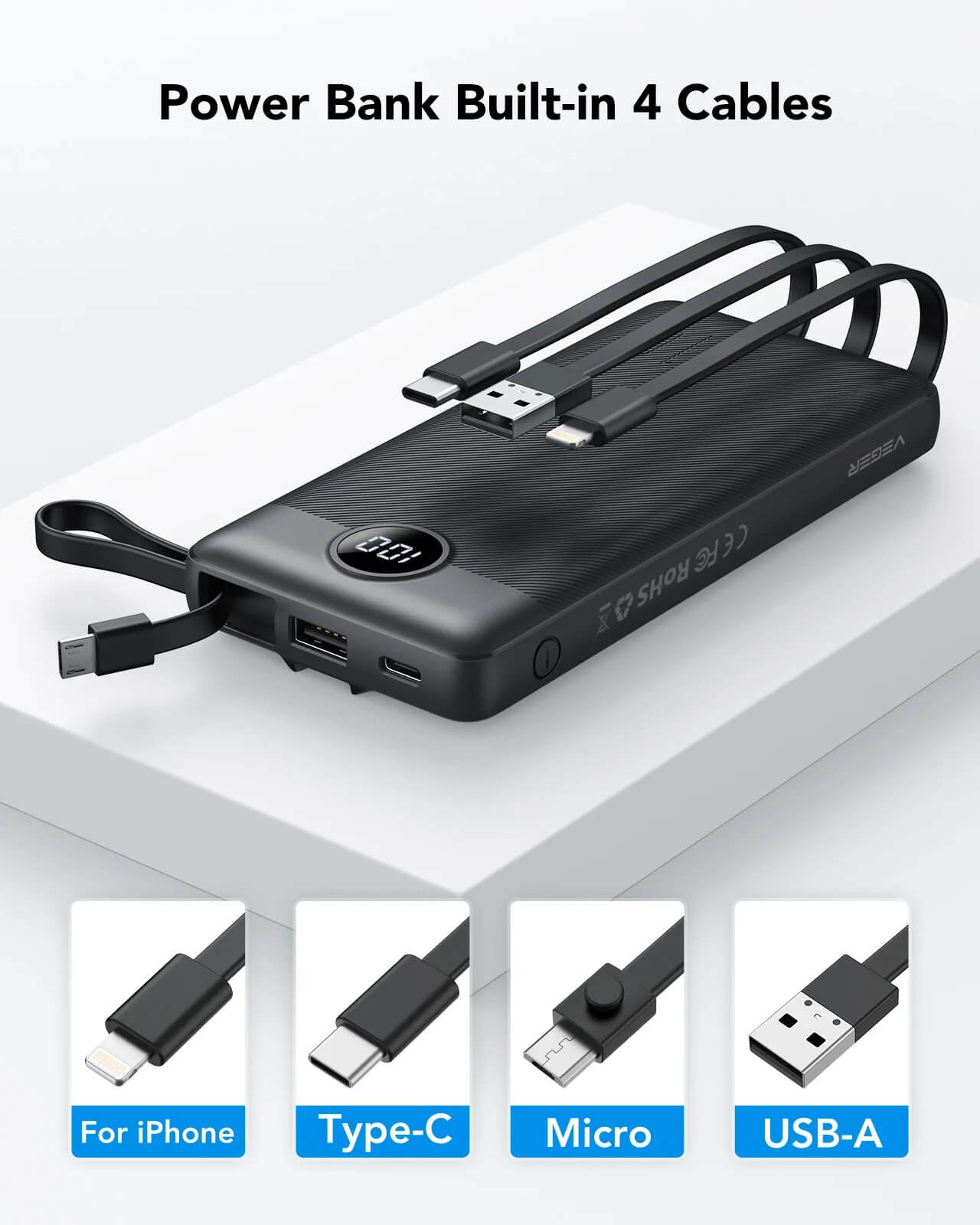 Prijenosna baterija s ugrađenim kabelima VEGER C10 (10000 mAh) crna-3