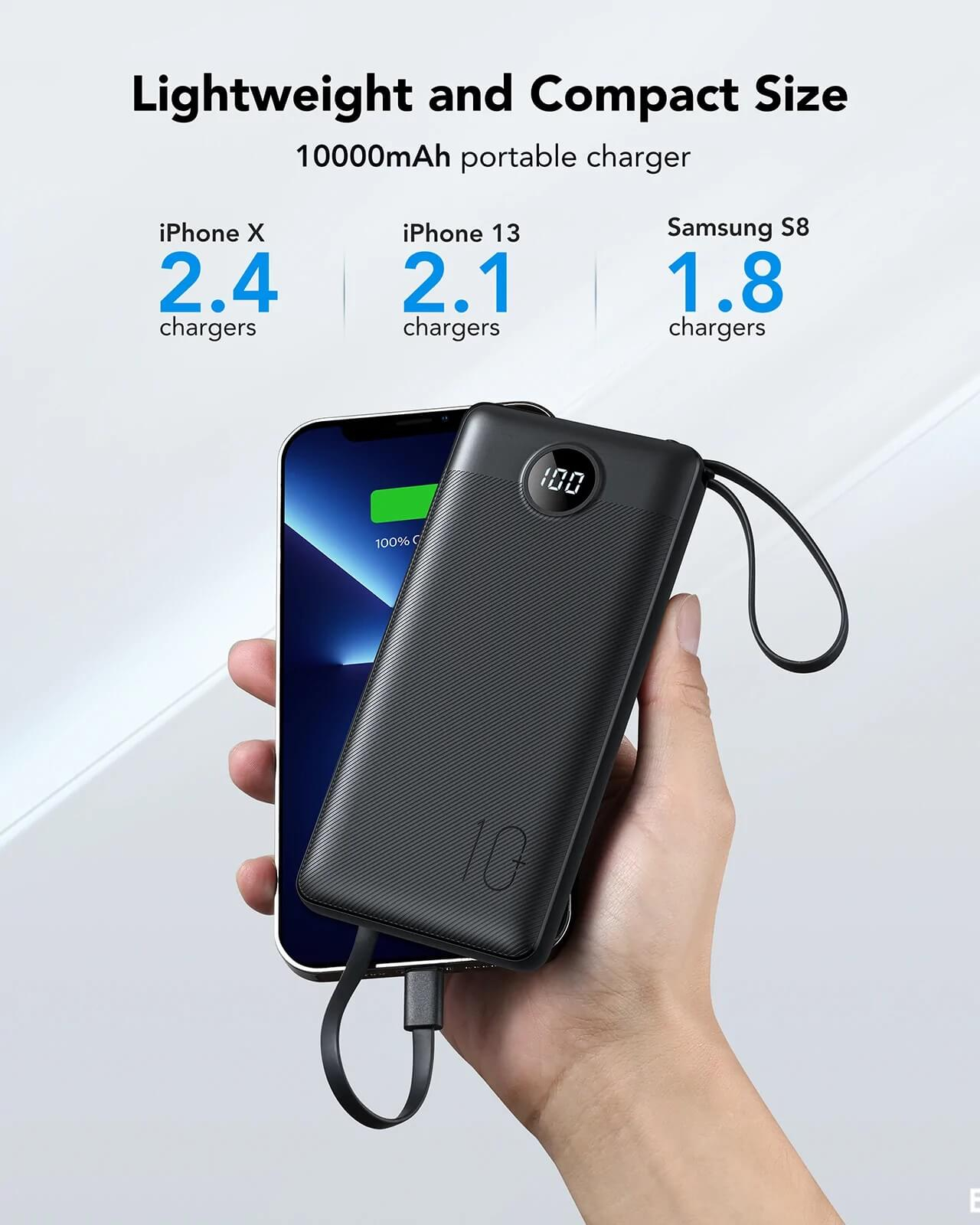Prijenosna baterija s ugrađenim kabelima VEGER C10 (10000 mAh) crna-8