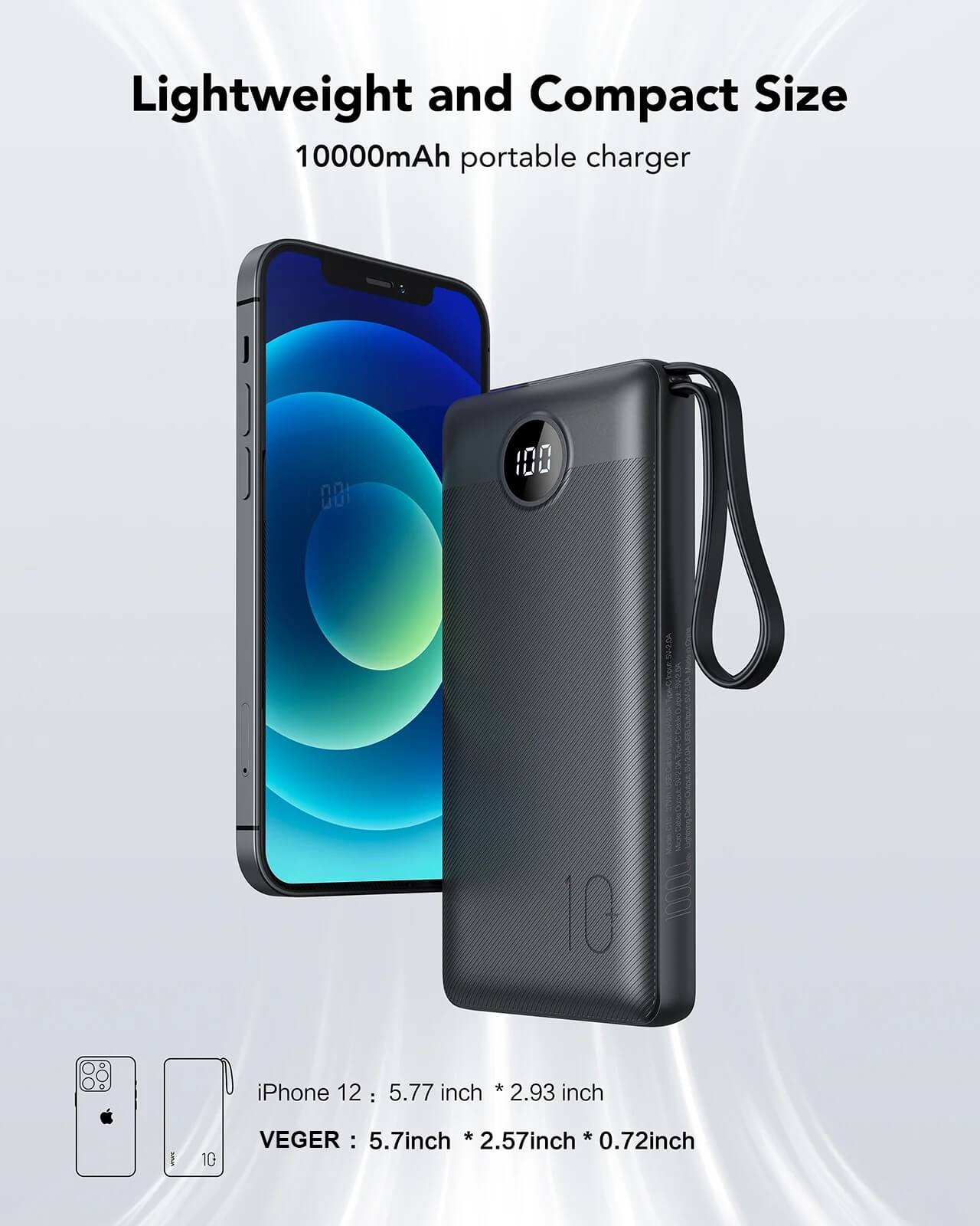 Prijenosna baterija s ugrađenim kabelima VEGER C10 (10000 mAh) crna-7