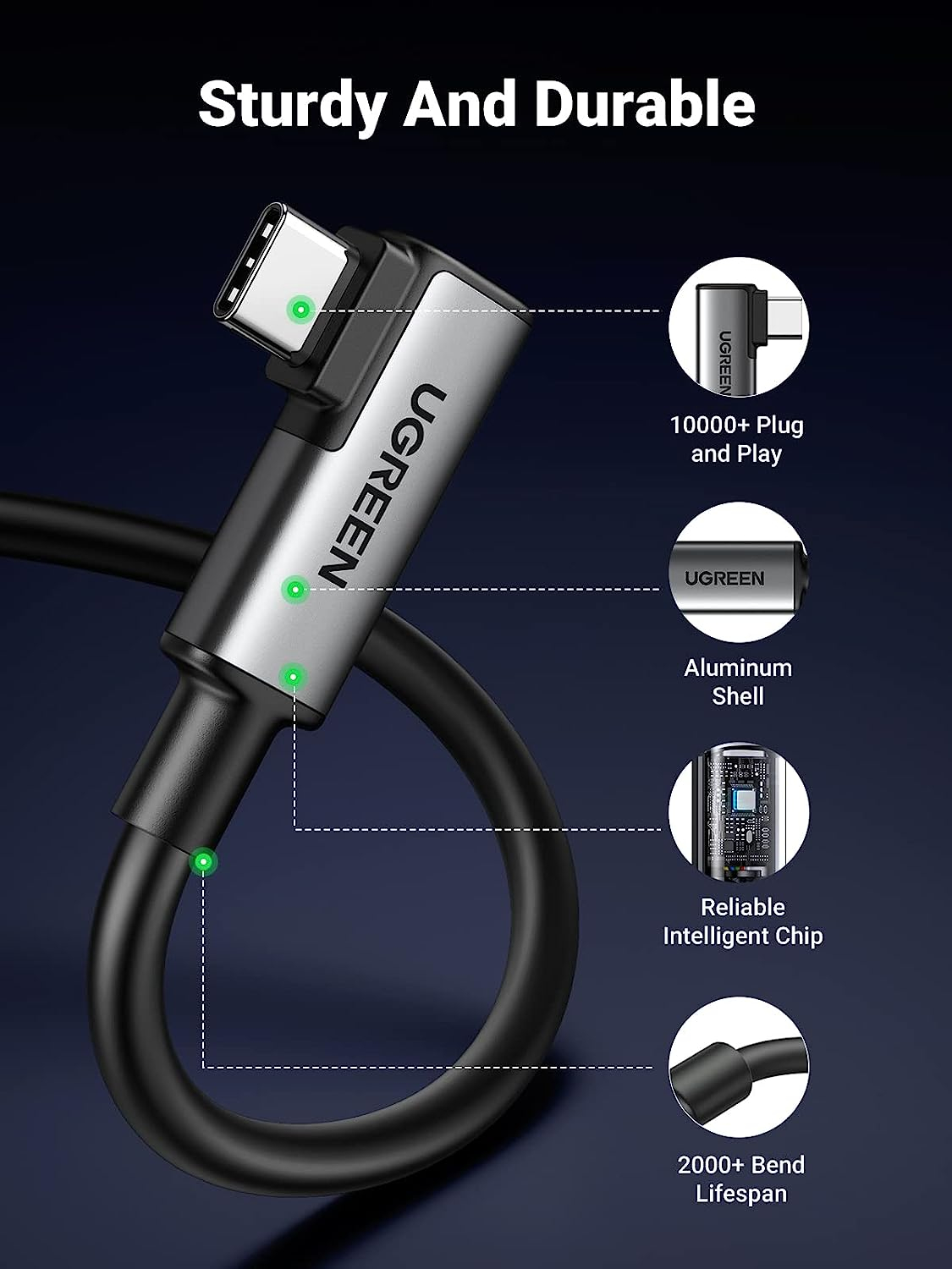 Ugreen angled USB-C 60W cable compatible with Oculus Quest 2/ Pico 4 and PC/Steam VR, for VR headset and gaming, 5M.-4