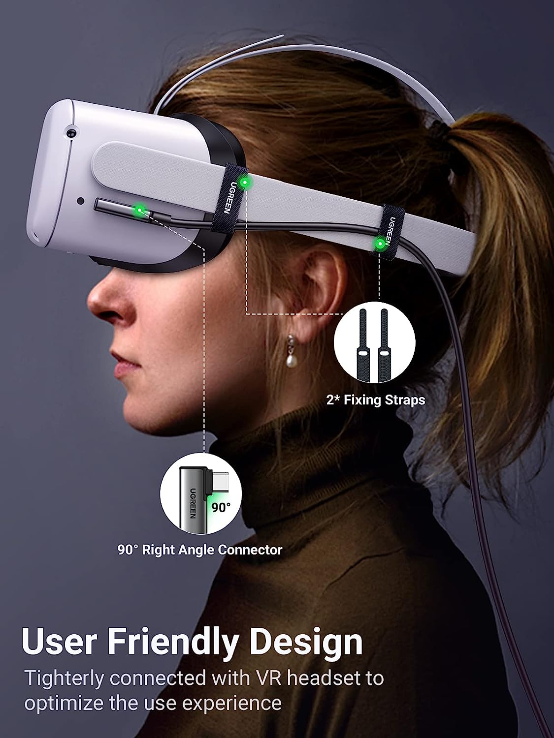 Ugreen angled USB-C 60W cable compatible with Oculus Quest 2/ Pico 4 and PC/Steam VR, for VR headset and gaming, 5M.-3