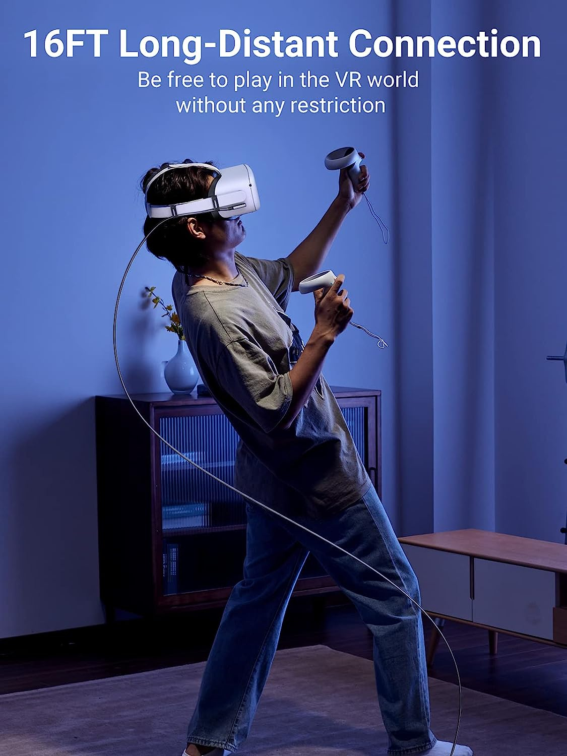 Ugreen angled USB-C 60W cable compatible with Oculus Quest 2/ Pico 4 and PC/Steam VR, for VR headset and gaming, 5M.-2