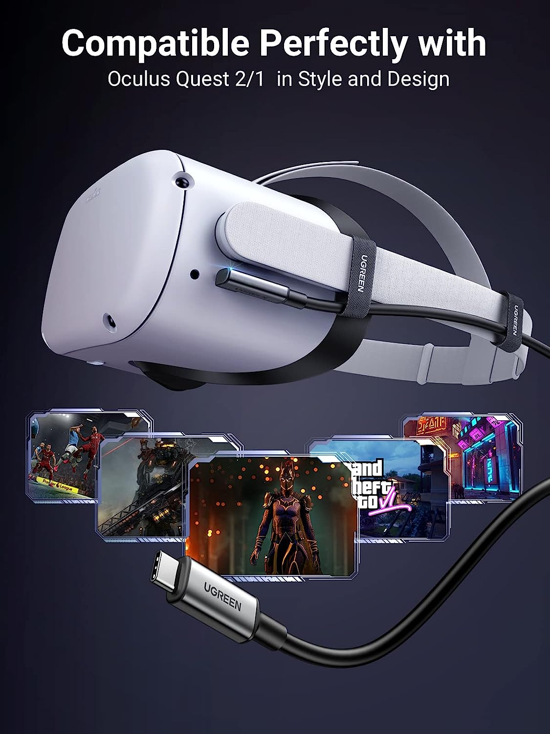 Ugreen angled USB-C 60W cable compatible with Oculus Quest 2/ Pico 4 and PC/Steam VR, for VR headset and gaming, 5M.-5