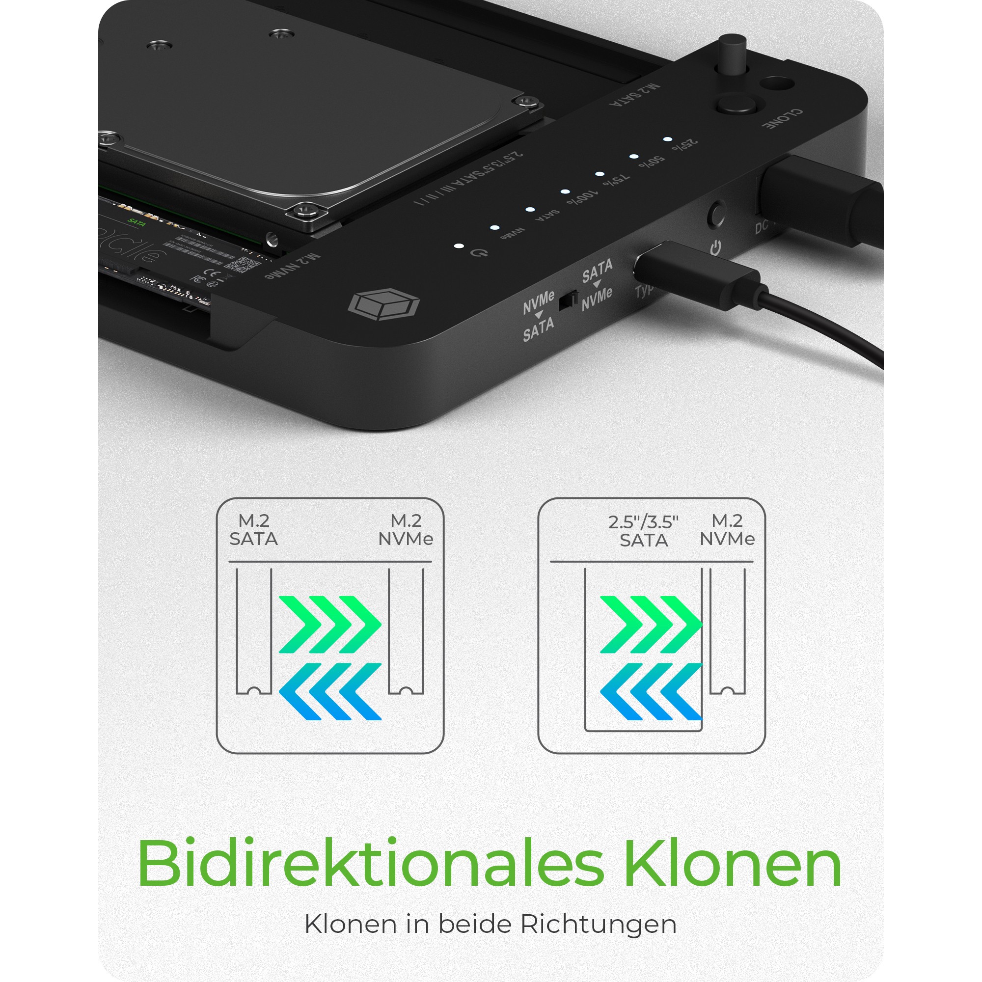 Icybox IB-2915MSCL-C31 "clone & dock" station for M.2 NVME & SATA 2.5”/3.5” SSD/HDD-17