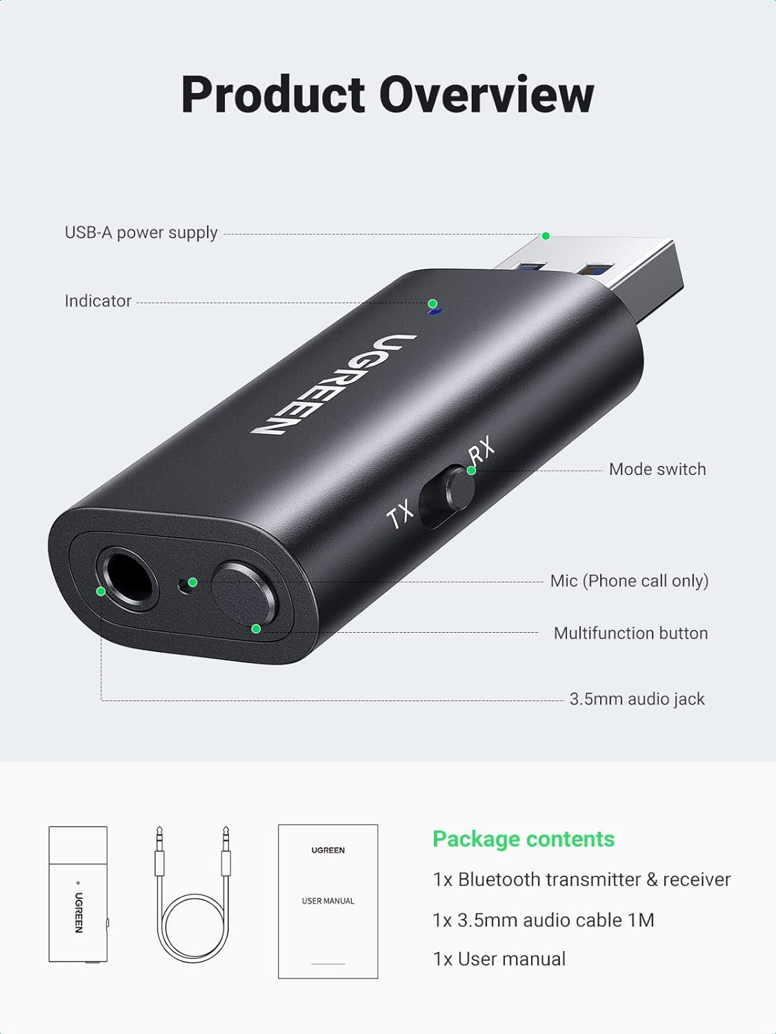 Bluetooth odašiljač/prijemnik UGREEN 60300 2-u-1 za TV, kućni audio, auto radio-2