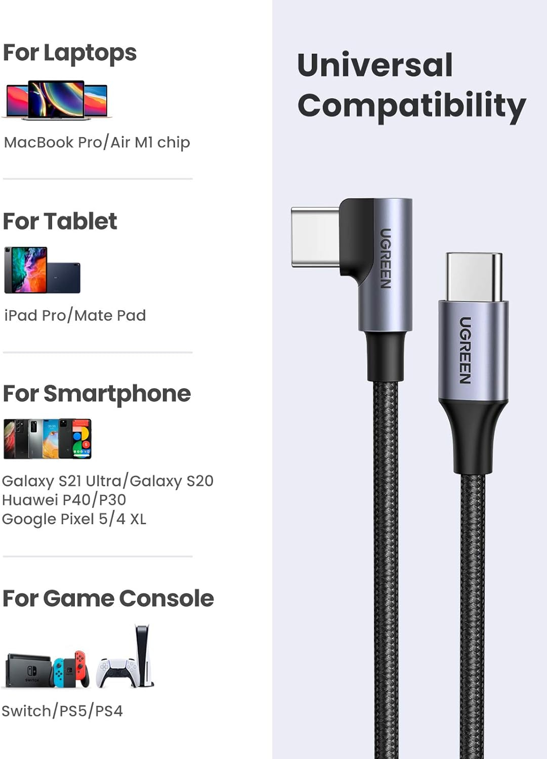 Ugreen USB-C to angled USB-C cable 60W 2M-6