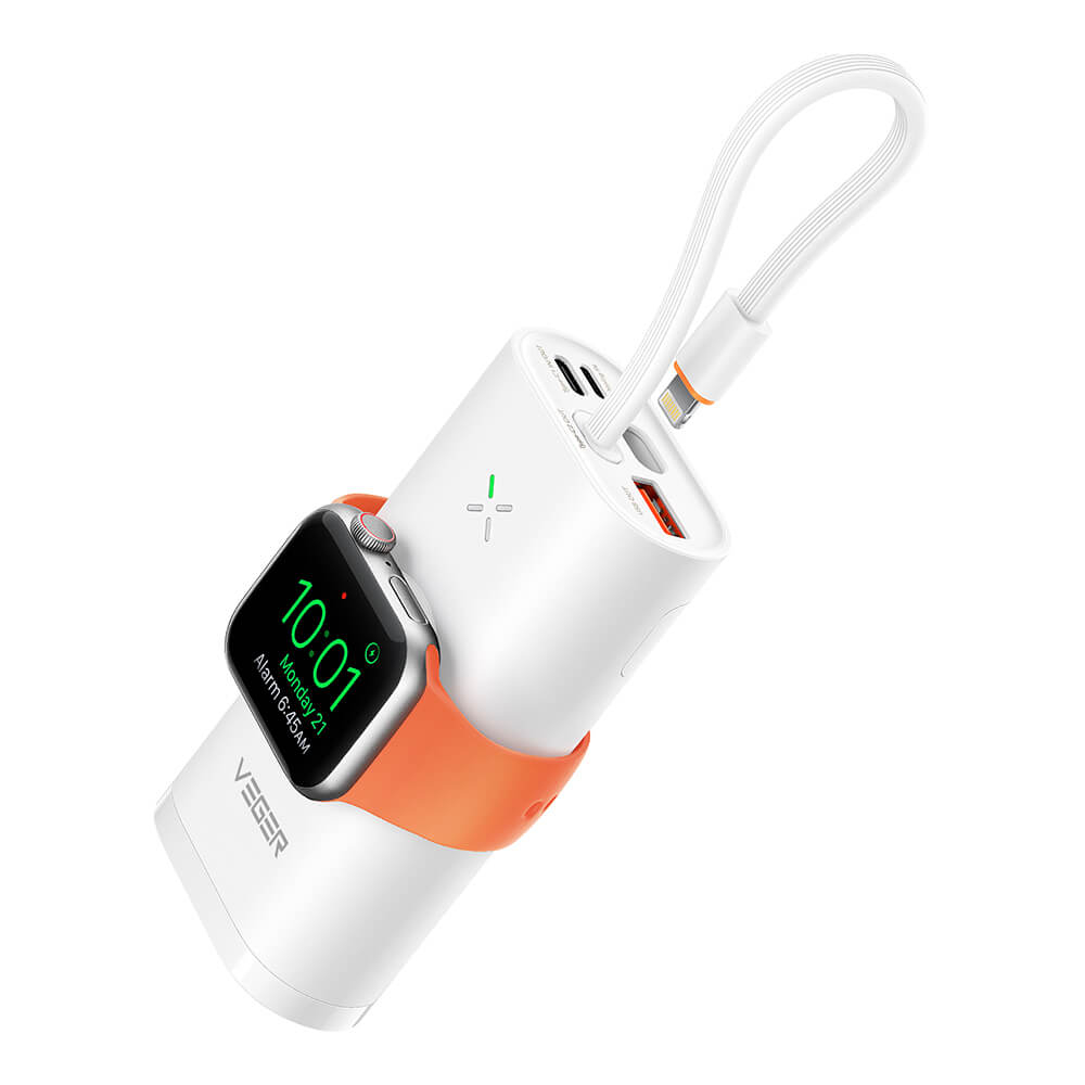 Prijenosna baterija VEGER MagFan 10000 mAh, ugrađeni kabel i punjač za Apple Watch, bijela-1