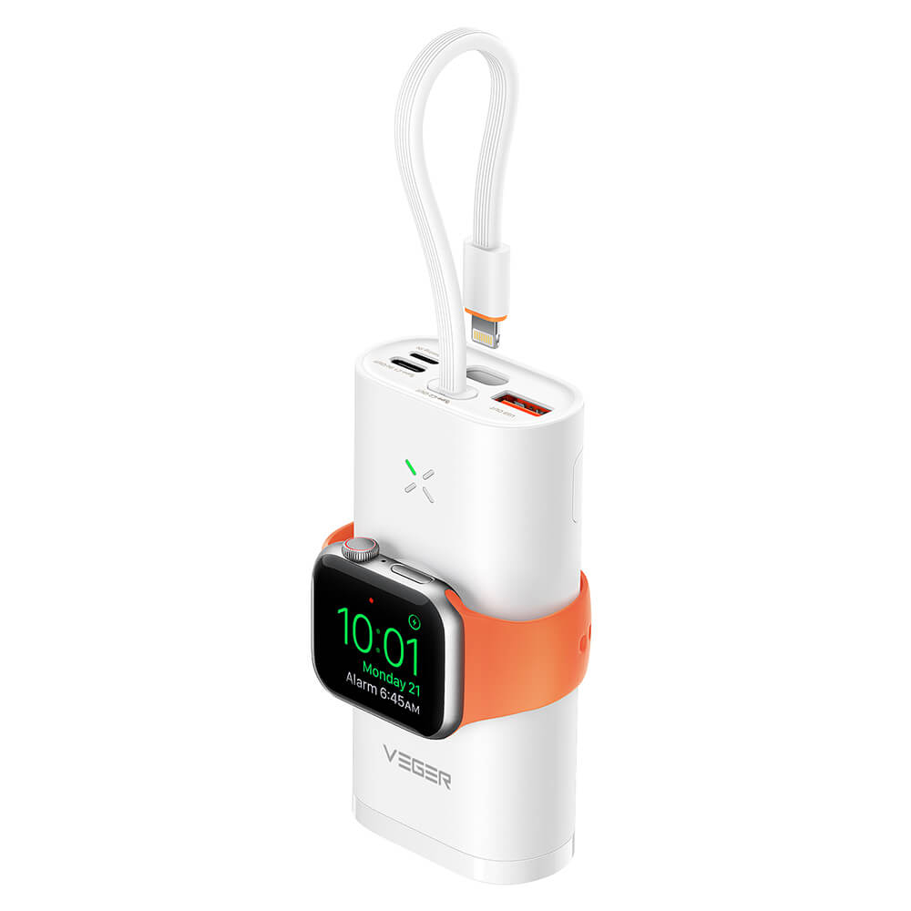 Prijenosna baterija VEGER MagFan 10000 mAh, ugrađeni kabel i punjač za Apple Watch, bijela-0