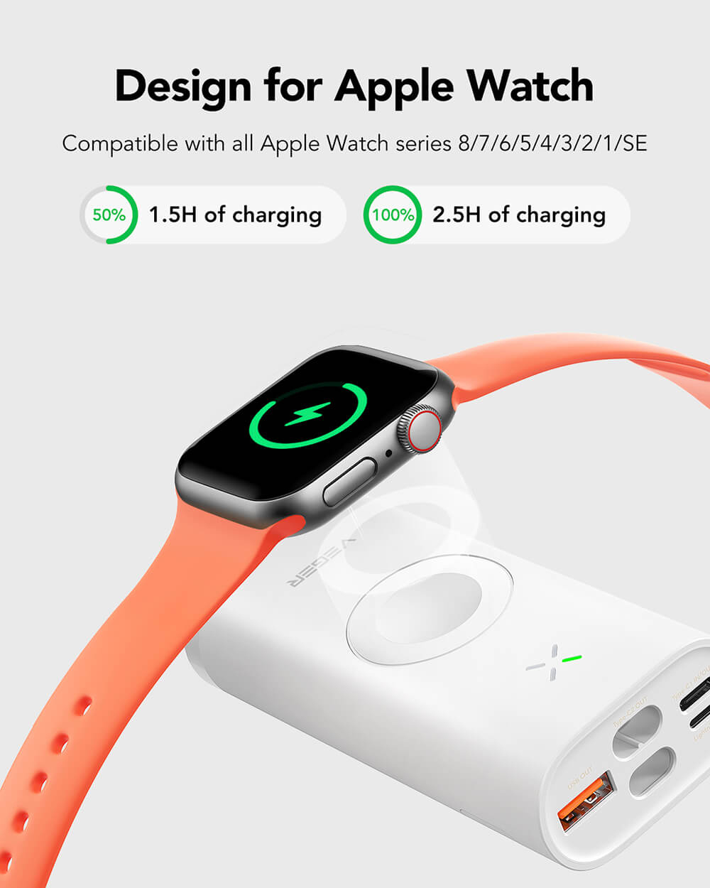 Prijenosna baterija VEGER MagFan 10000 mAh, ugrađeni kabel i punjač za Apple Watch, bijela-7