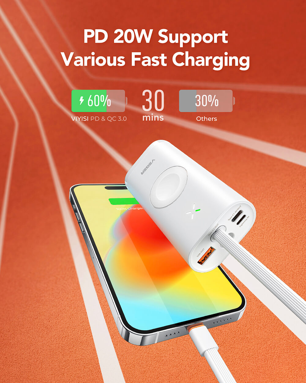 Prijenosna baterija VEGER MagFan 10000 mAh, ugrađeni kabel i punjač za Apple Watch, bijela-3