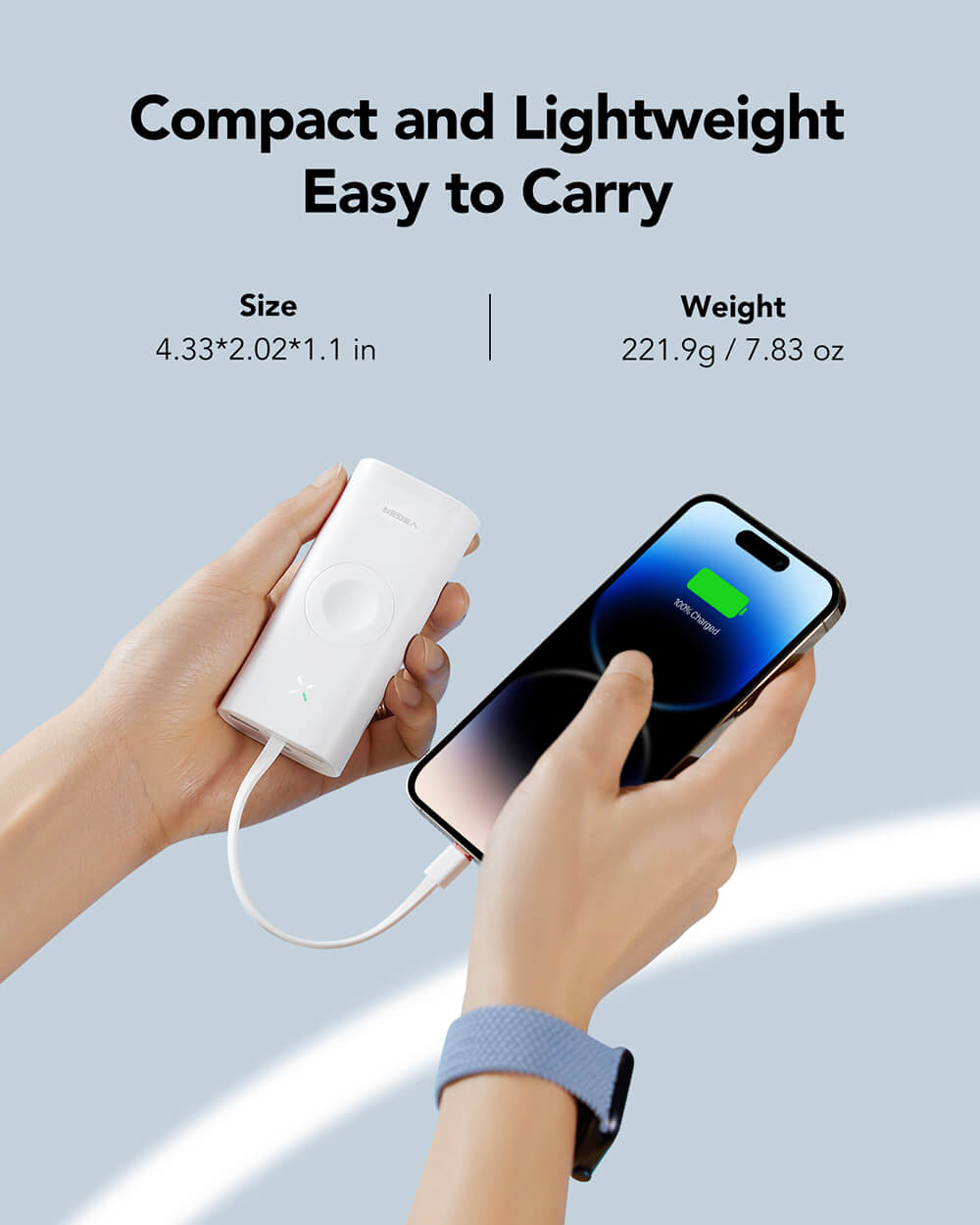Prijenosna baterija VEGER MagFan 10000 mAh, ugrađeni kabel i punjač za Apple Watch, bijela-6