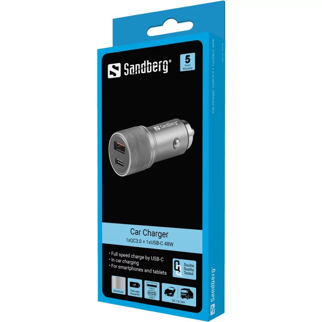 Punjač za auto SANDBERG 1xQC3.0 i 1xUSB-C 48W-1