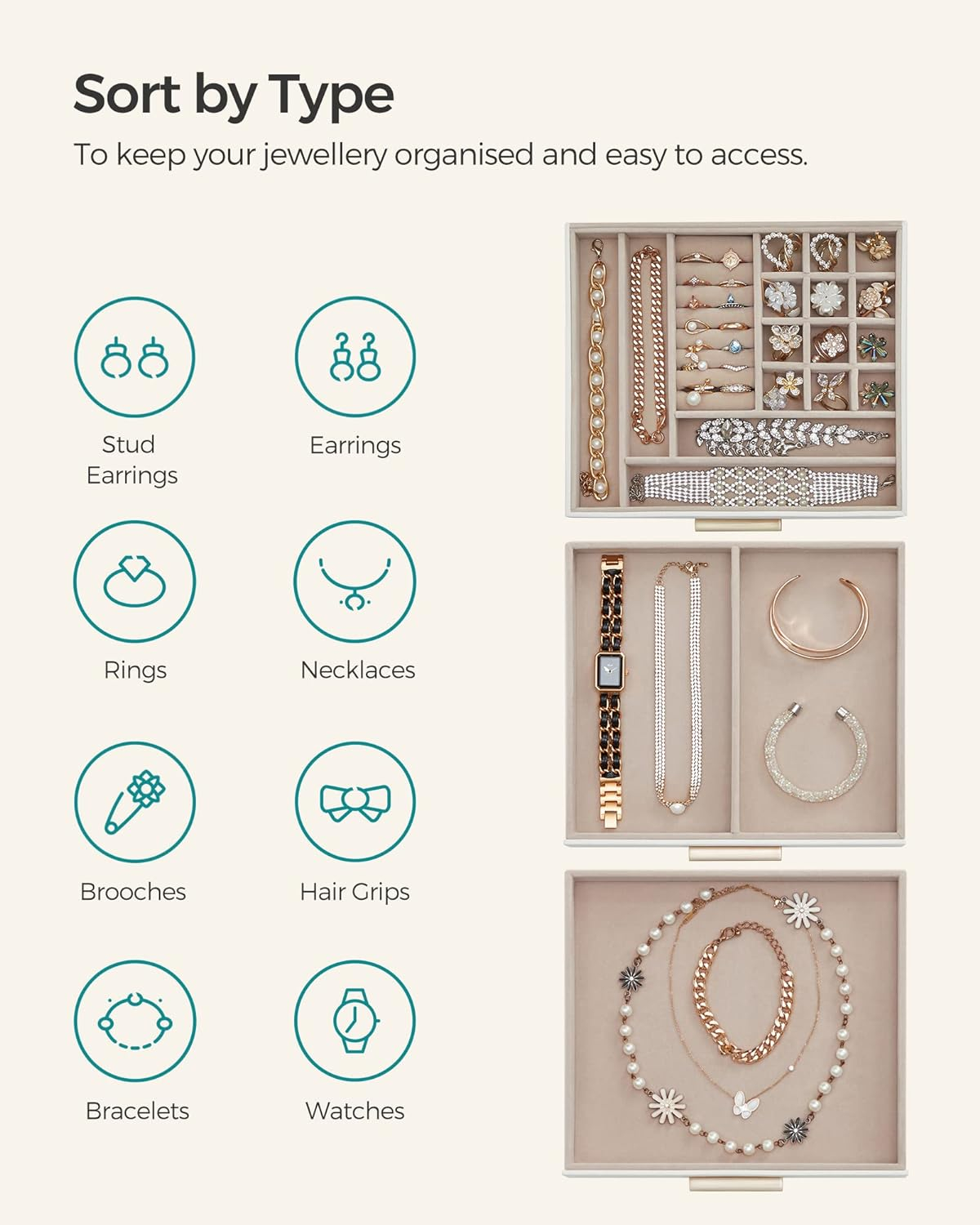 SONGMICS jewelry box three-layer JBC239WT-1