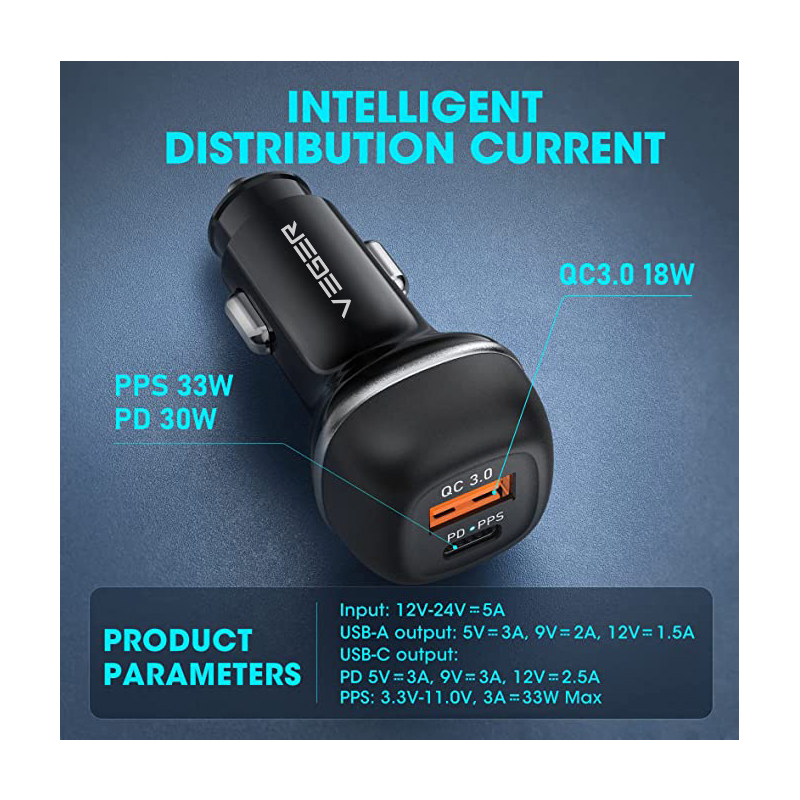 Auto punjač VEGER CC62 USB+USB-C PD, QC3.0 51W (brza punjenja, 51W)-2