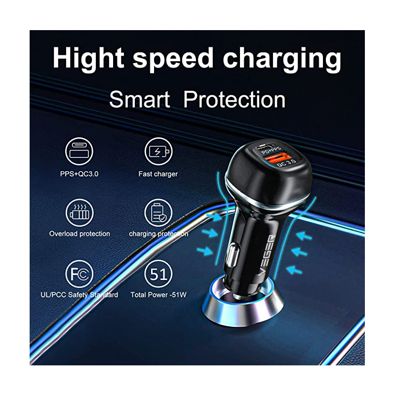 Auto punjač VEGER CC62 USB+USB-C PD, QC3.0 51W (brza punjenja, 51W)-1
