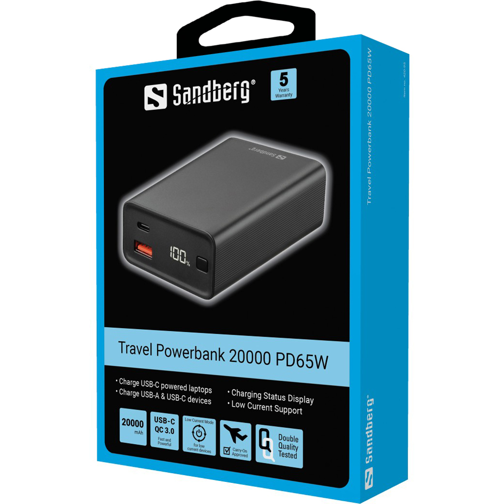 Prijenosna baterija SANDBERG Travel Powerb 20000 PD65W (kapacitet 20000mAh, snaga 65W)