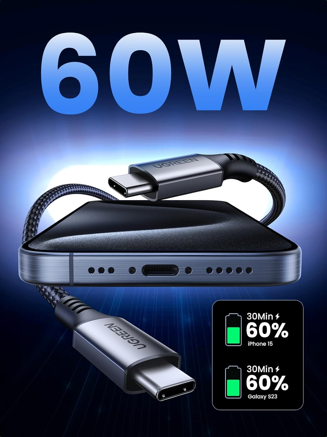 Ugreen 60W USB-C to USB-C charging cable, 2M-2