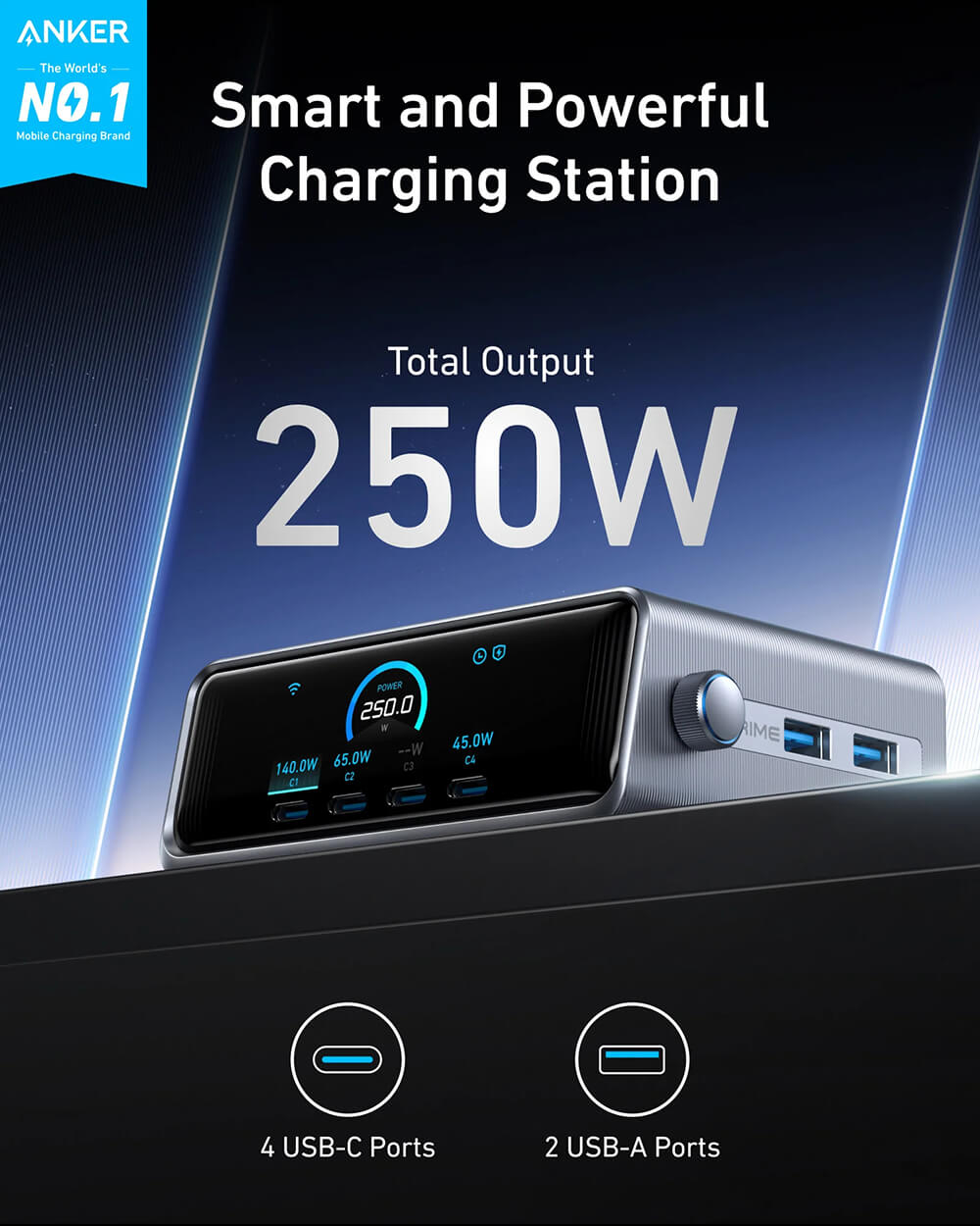 Punjač ANKER Prime GaN 2x USB-A/4x USB-C 250W, A2345341, crni-1