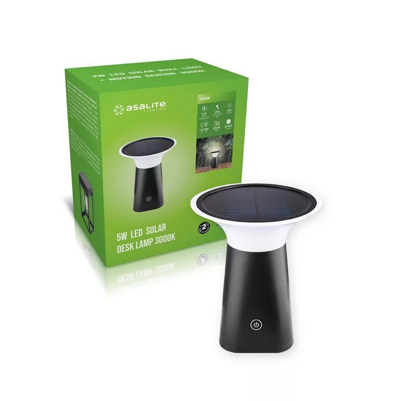 Solarna stolna lampa ASALITE LED IP65 5W 3000K (120 lumena, 20.000 sati života, IP65, solarni panel, crna)-1