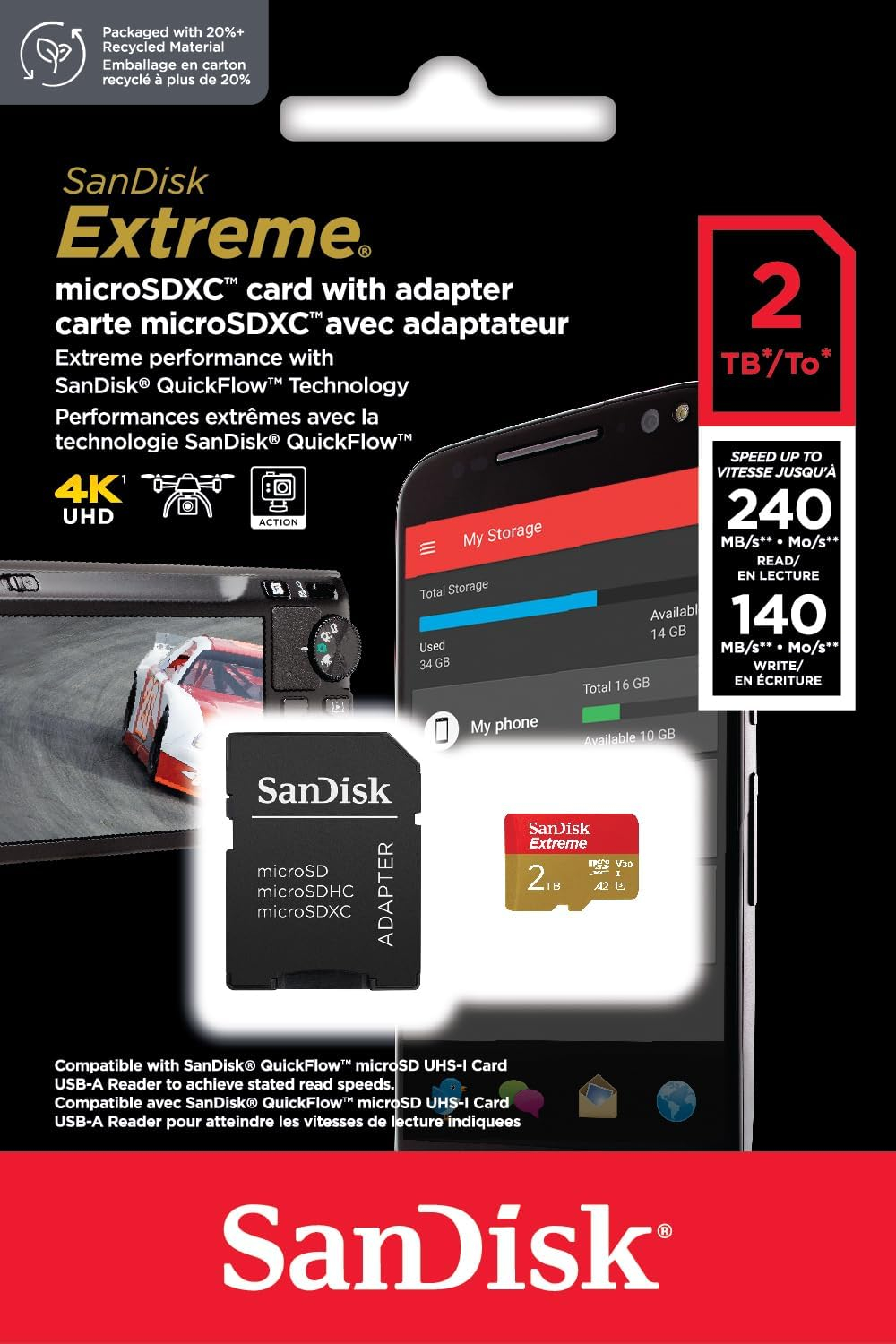 Micro SD kartica SANDISK Extreme 2TB microSDXC UHS-I s adapterom, brzina do 240MB/s, C10, U3, V30, 4K, 5K, A2-2