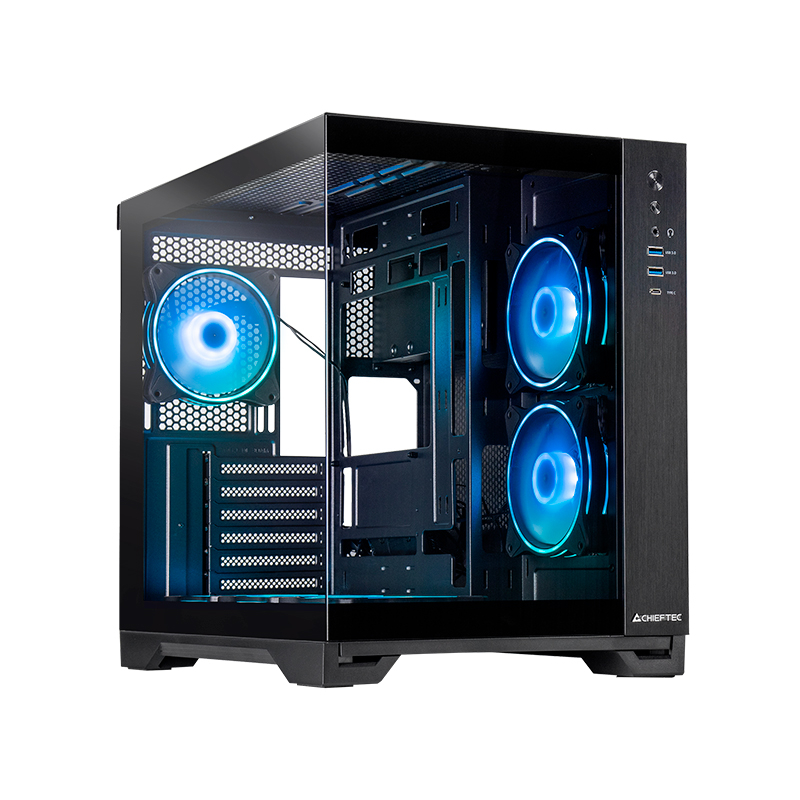 Kućište za računalo CHIEFTEC VISIO USB3.2 Gen2 ATX, crno (ATX/Micro ATX/mini ITX, bez napajanja, 2x3.5" i 2x2.5" unutarnji prostor za diskove, USB3.2 Gen2 Type C, 2 x USB3.0, Audio-out, Mic-In, A-RGB ventilatori)