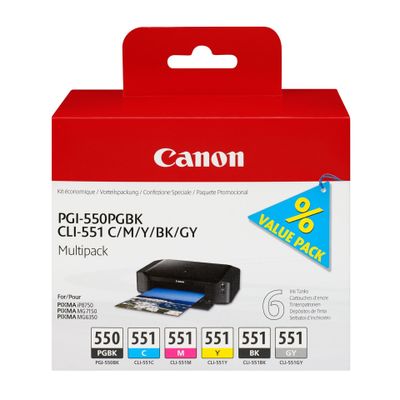 Višestruki paket spremnika s tintom CANON PGI-550/CLI-551 PGBK/C/M/Y/BK/GY (6 komada, original) siva crna, žuta, cijan, magenta