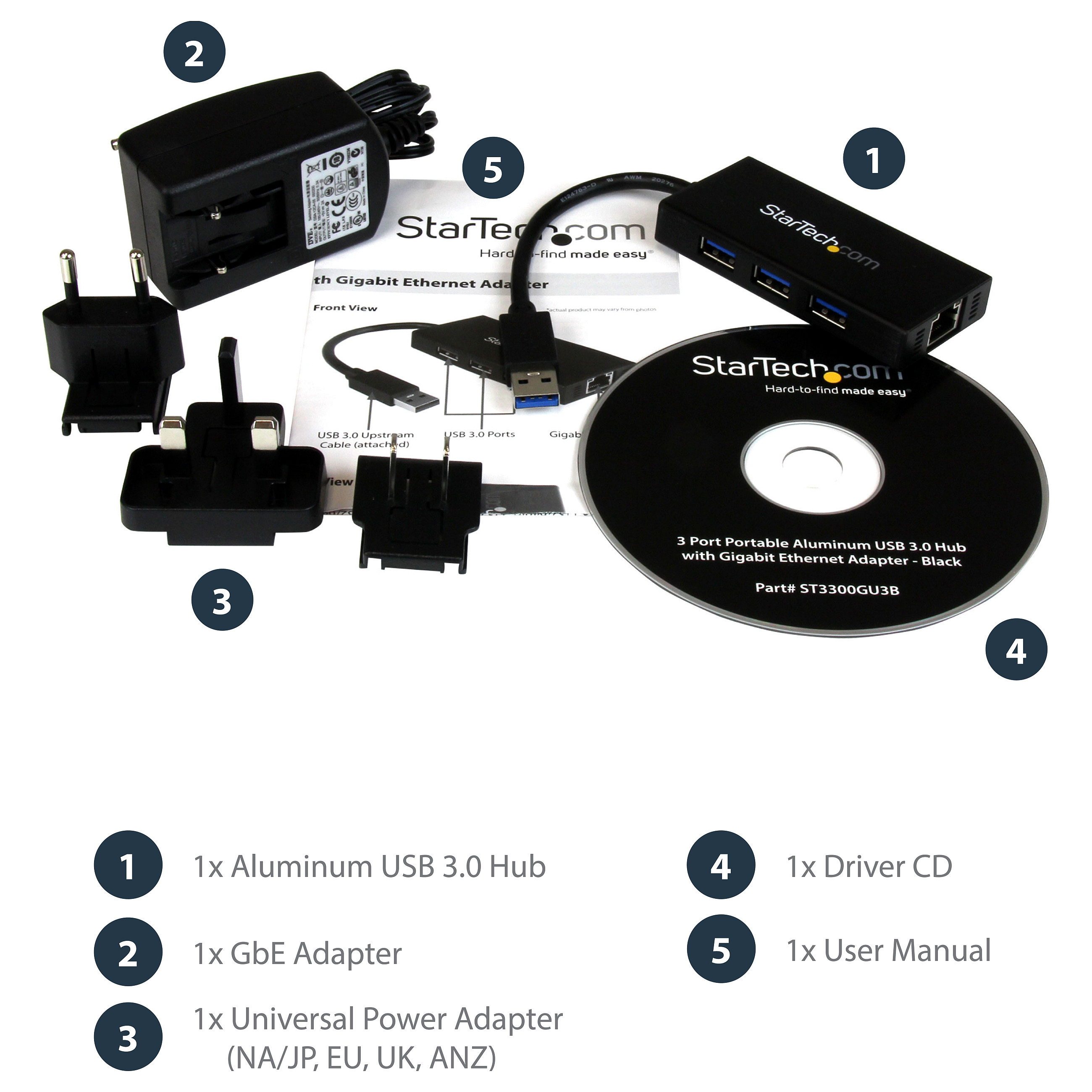 USB 3.0 hub s gigabitnim Ethernet adapterom STARTECH.COM ST3300GU3B (3 porta, NIC, USB mrežni / LAN adapter, kompatibilan s Windows i Mac, hub, 3-19