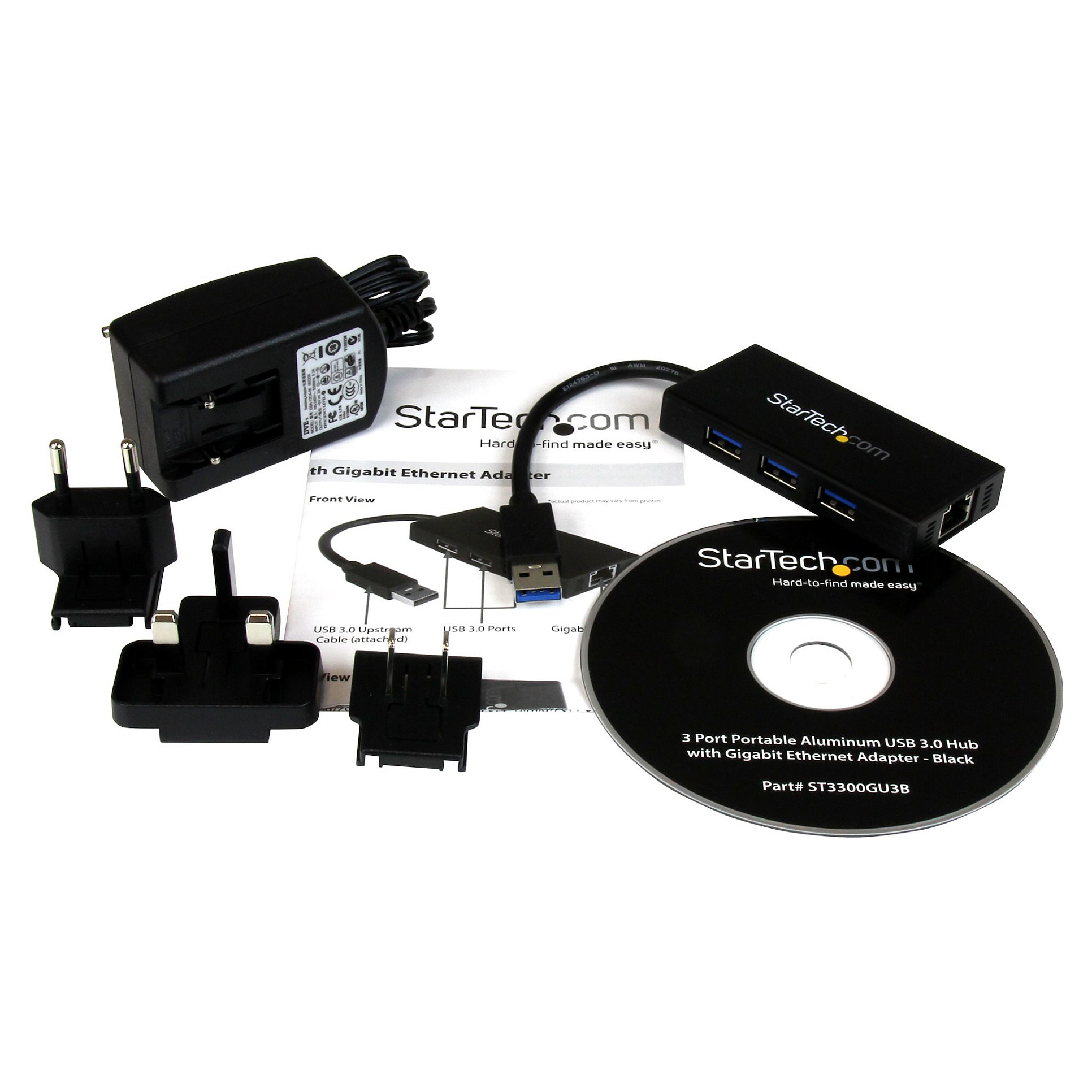 USB 3.0 hub s gigabitnim Ethernet adapterom STARTECH.COM ST3300GU3B (3 porta, NIC, USB mrežni / LAN adapter, kompatibilan s Windows i Mac, hub, 3-12
