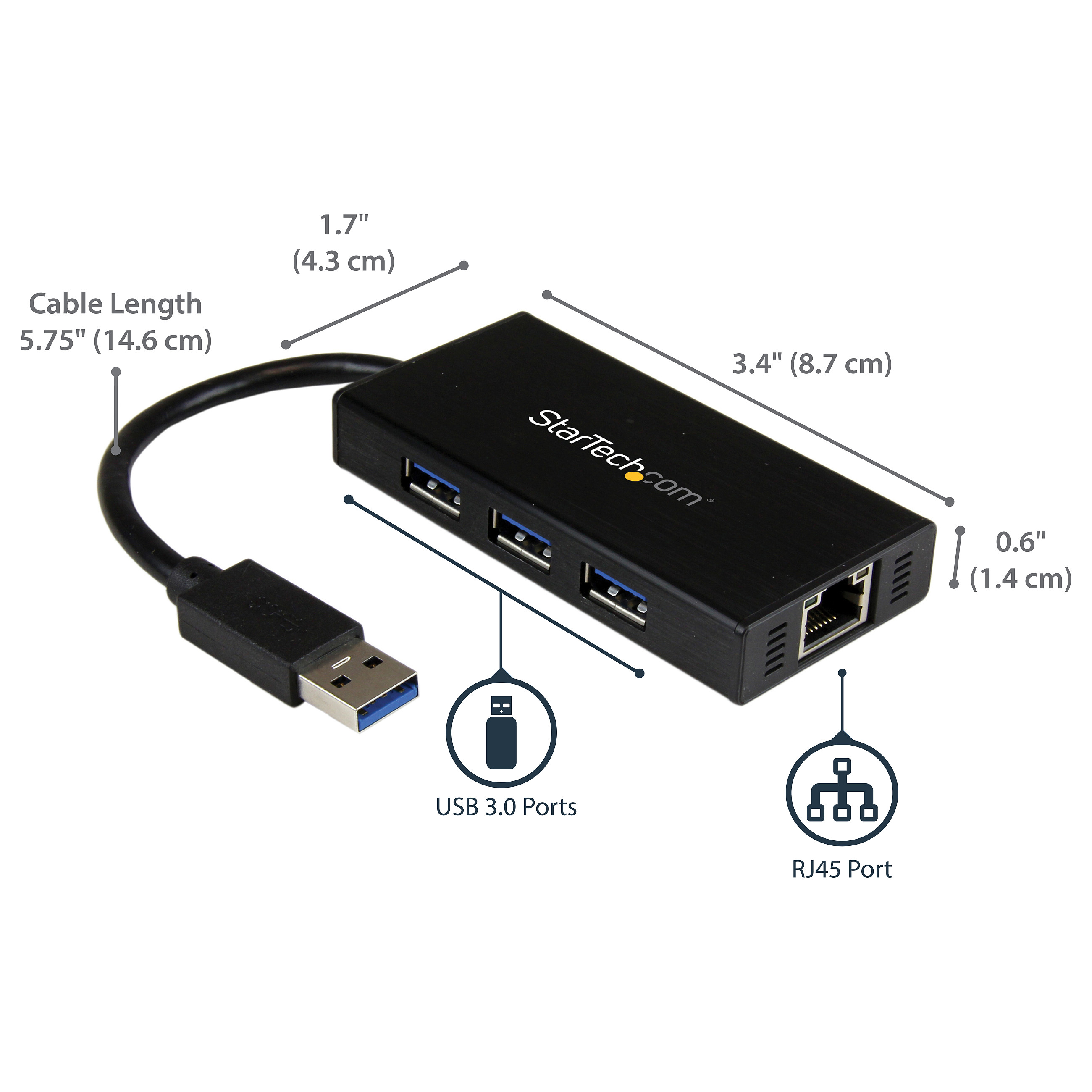 USB 3.0 hub s gigabitnim Ethernet adapterom STARTECH.COM ST3300GU3B (3 porta, NIC, USB mrežni / LAN adapter, kompatibilan s Windows i Mac, hub, 3-15