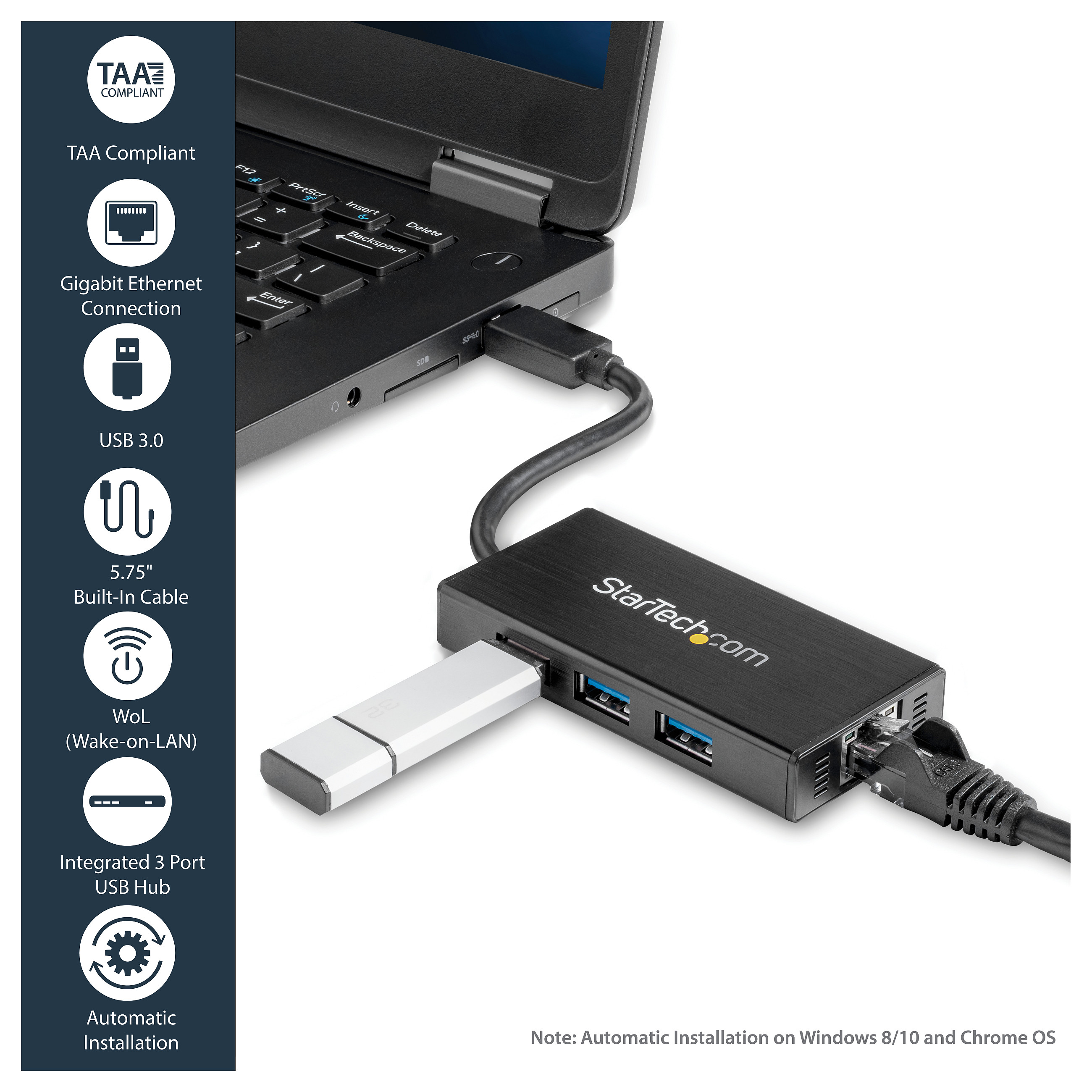 USB 3.0 hub s gigabitnim Ethernet adapterom STARTECH.COM ST3300GU3B (3 porta, NIC, USB mrežni / LAN adapter, kompatibilan s Windows i Mac, hub, 3-16