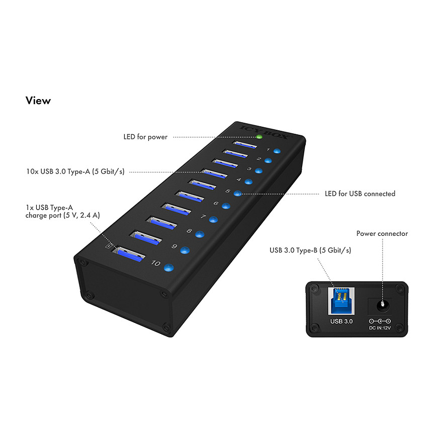 Hub RAIDSONIC ICY BOX IB-AC6110 (10 priključaka, USB 3.0, 5 GBit/s, USB 2.0, USB punjač 5 V / 2.1 A)-13