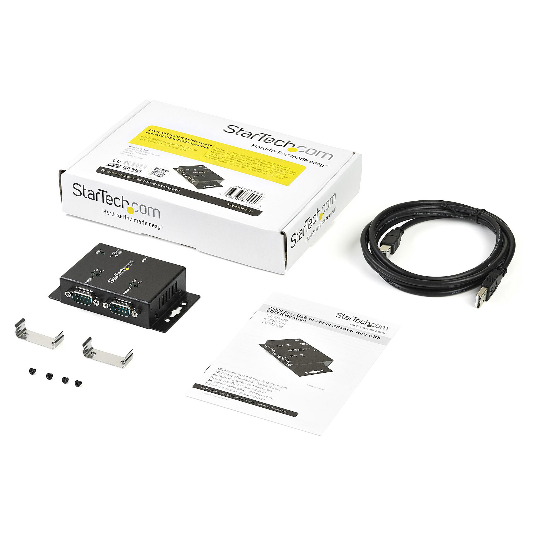 StarTech.com USB to Serial Adapter - 2 Port - Wall Mount - Din Rail Clips - Industrial - COM Port Retention - FTDI - DB9 (ICUSB2322I) - serial adapter - USB 2.0 - RS-232 x 2-12