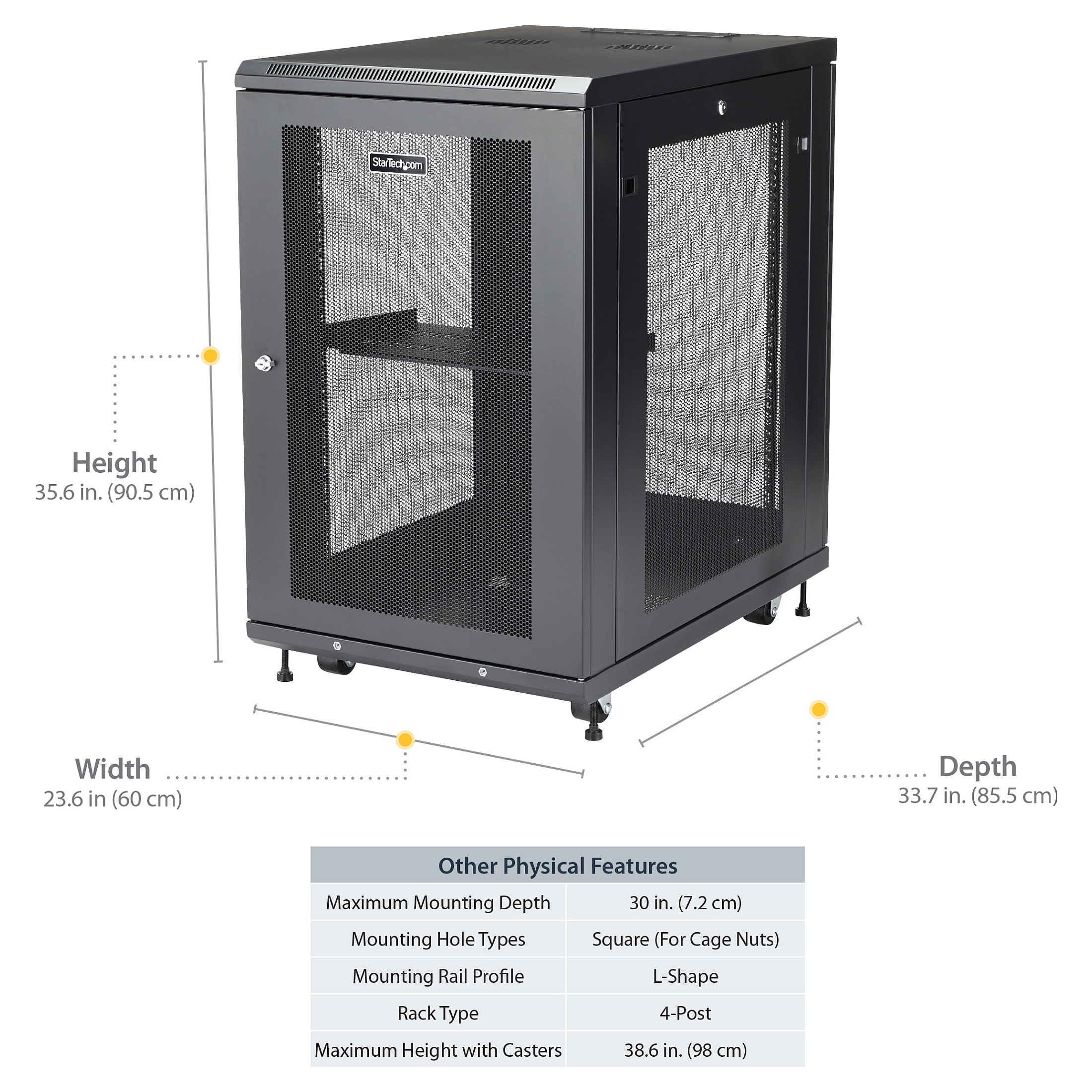 Startech 18U serverski rack ormar RK1833BKM, 4 stupa, podesiva dubina-16