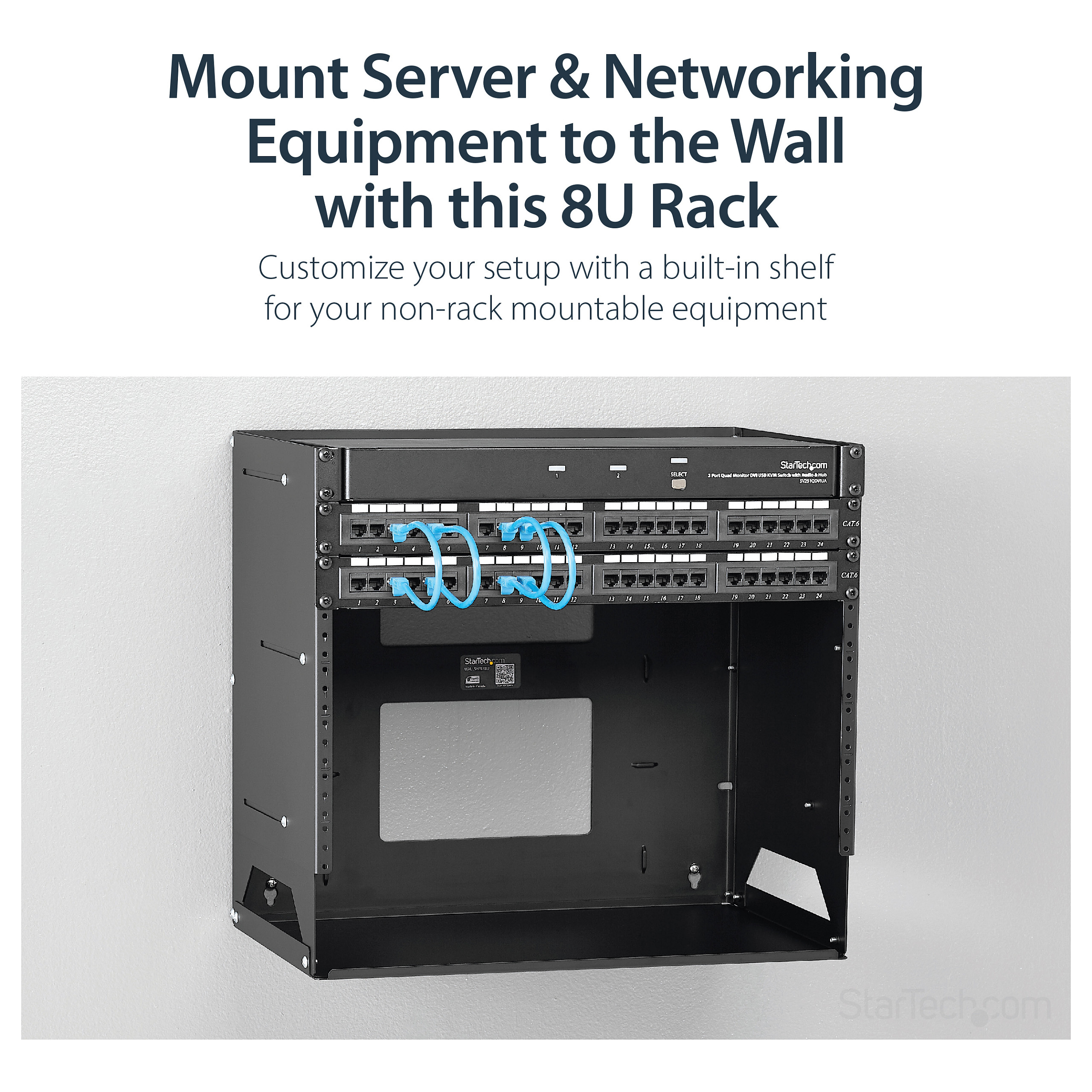 StarTech.com 8U Open Frame Wall Mount Network Rack w/ Built in Shelf - 2-Post Adjustable Depth (12" to 18") Equipment Rack - 75.2lbs (WALLSHELF8U) - rack (wall mount) - 8U-13