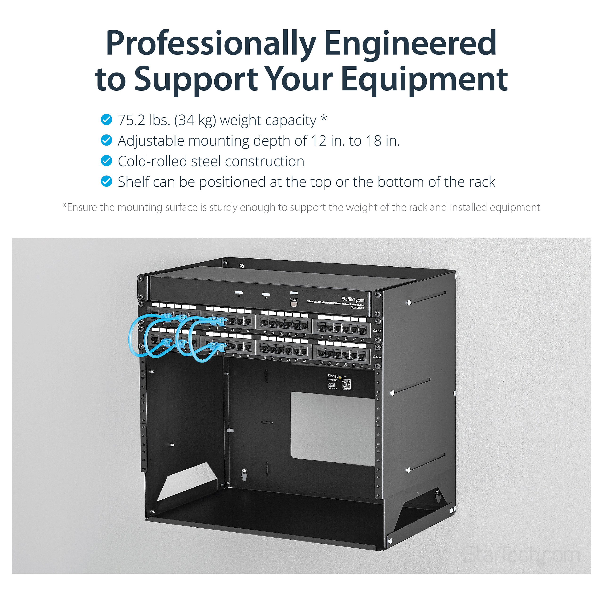 StarTech.com 8U Open Frame Wall Mount Network Rack w/ Built in Shelf - 2-Post Adjustable Depth (12" to 18") Equipment Rack - 75.2lbs (WALLSHELF8U) - rack (wall mount) - 8U-14