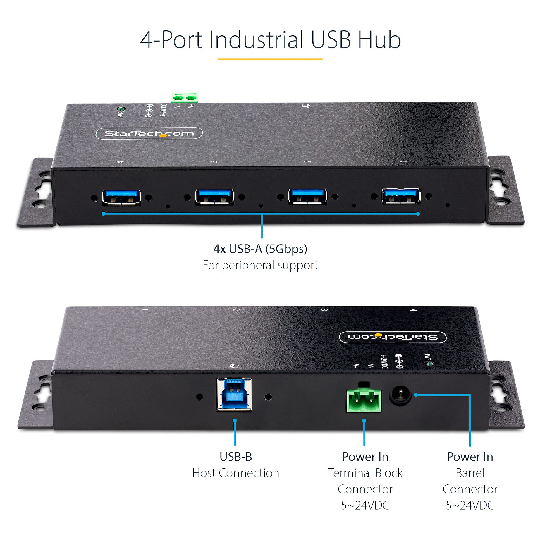 Industrijski USB hub STARTECH.COM (s 4 priključka, USB 3.0 5Gbps hub, robusni USB hub s 15kV zračnom/8kV kontaktom ESD i zaštitom od udara, DIN/zid/stol-15