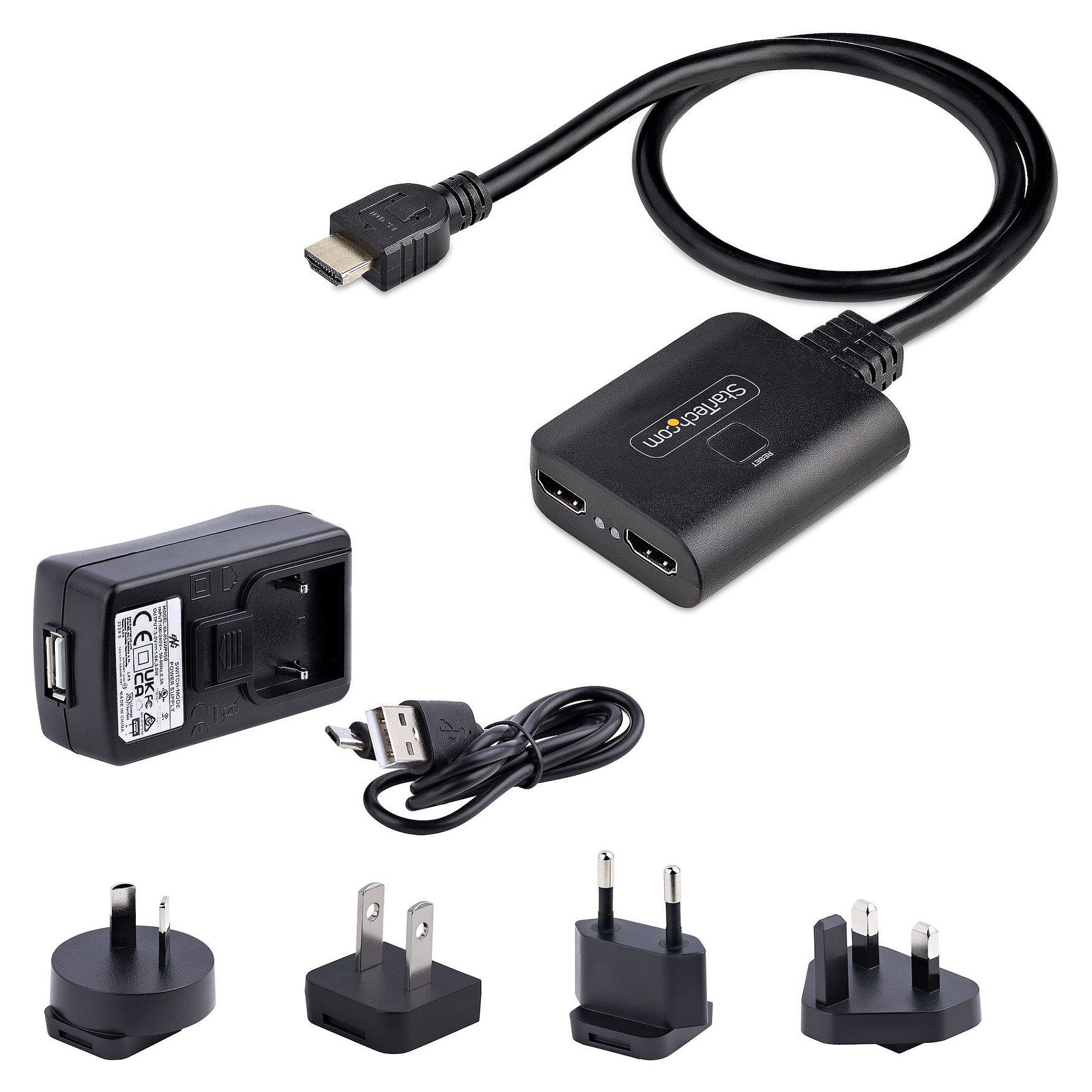 HDMI razdjelnik STARTECH.COM s dva priključka, 4K 60Hz HDMI 2.0 video, HDMI razdjelnik od jednog ulaza do dva izlaza, HDR/HDCP - ugrađeni HDMI kabel od20in-11