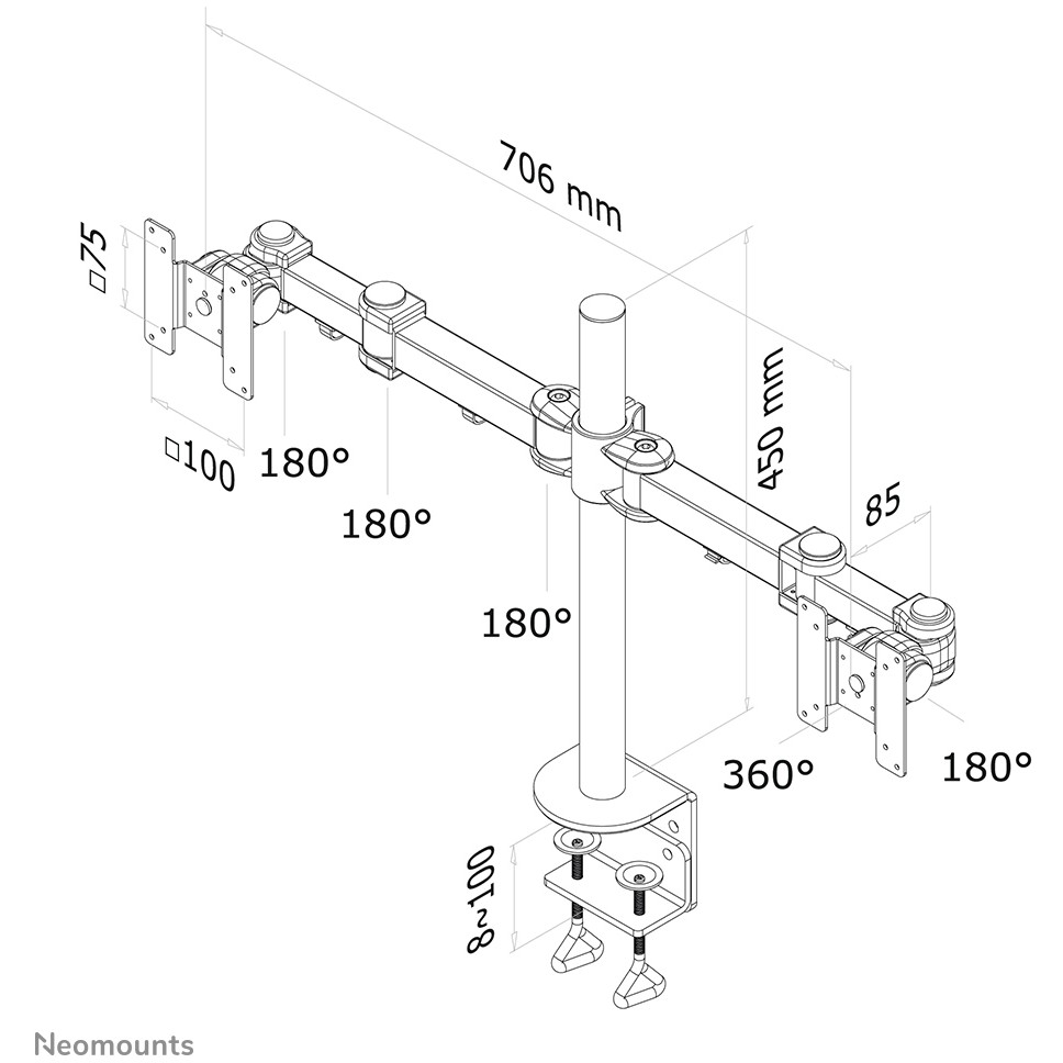 Nosač za monitor stolni NEOMOUNTS FPMA-D960D (za 2 monitora, po nosaču 10"- 27", do 8 kg, nagib 180°, zakret 180°, rotacija 360°)-20