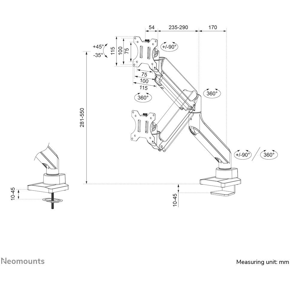 Nosač monitora stolni NEOMOUNTS DS70-450BL1 (17"- 42", do 15 kg, nagib -35° do 45°, rotacija 360°, zakret 180°)-17