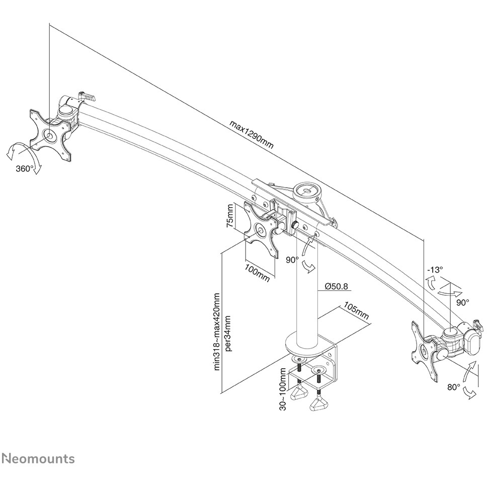 Nosač za monitor stolni NEOMOUNTS FPMA-D700D3 (za 3 monitora, po nosaču 10"- 27", do 8 kg, nagib 90°, rotacija 360°, zakret 103°)-21