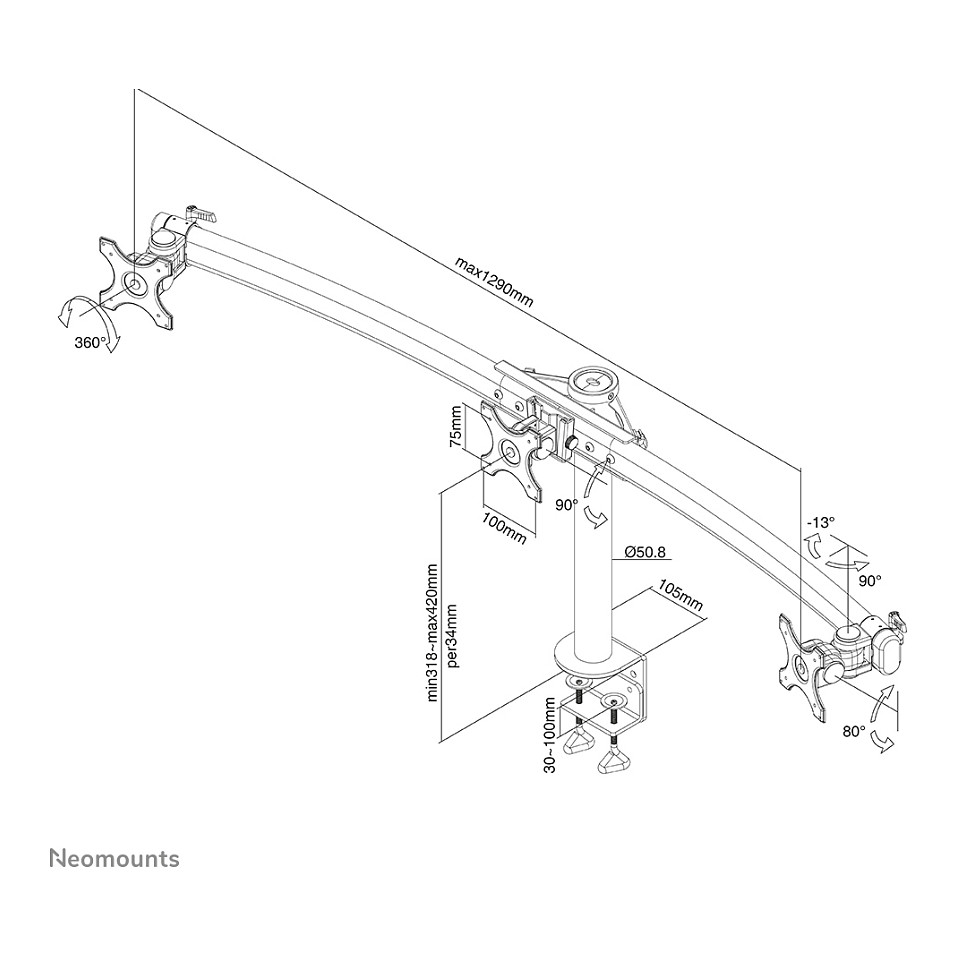 Nosač za monitor stolni NEOMOUNTS FPMA-D700D3 (za 3 monitora, po nosaču 10"- 27", do 8 kg, nagib 90°, rotacija 360°, zakret 103°)-30