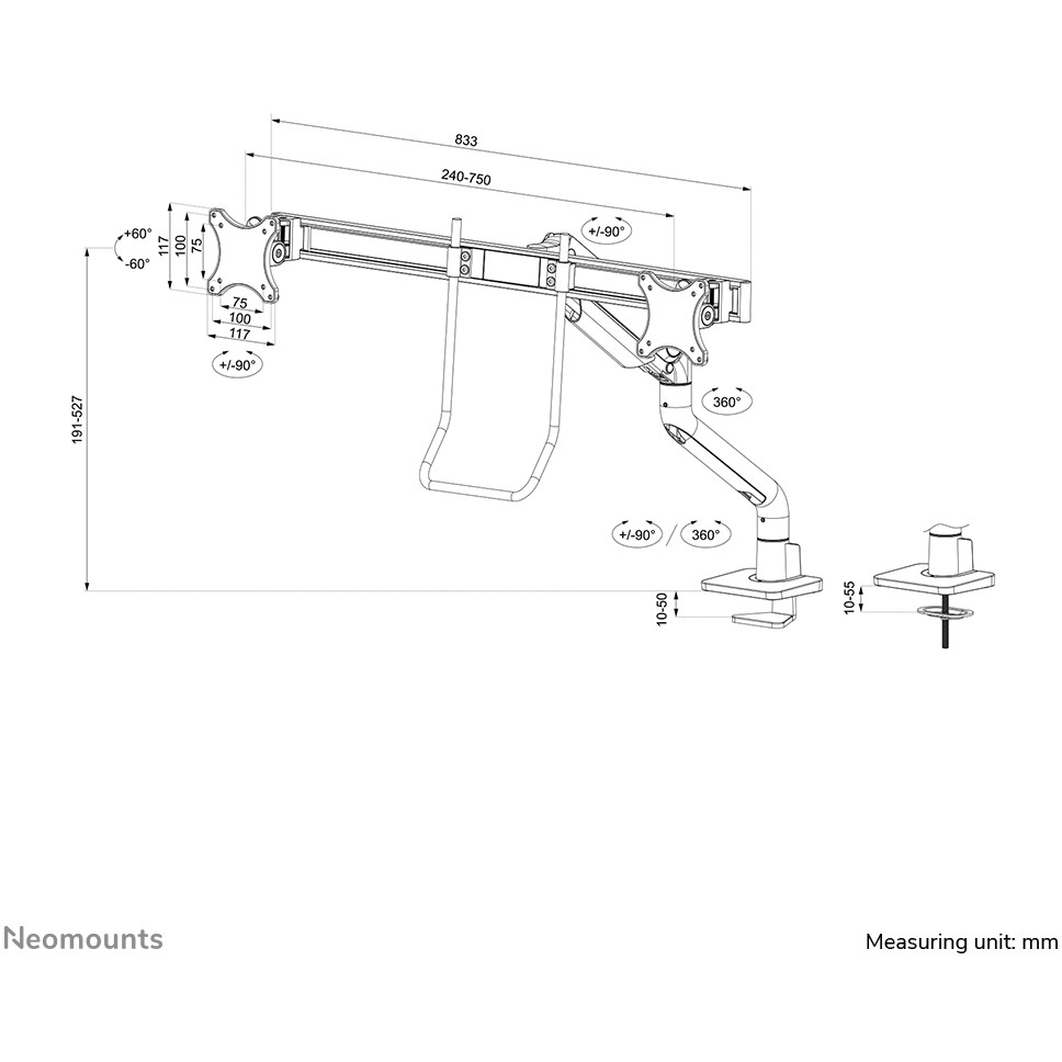 Nosač za monitor stolni NEOMOUNTS Dis Public Mount DS75S-950WH2 (2 monitora, po nosaču 17"- 32", do 8 kg, nagib +60° -60°, zkret +90° -90°, rotacija+180° -180°)-22
