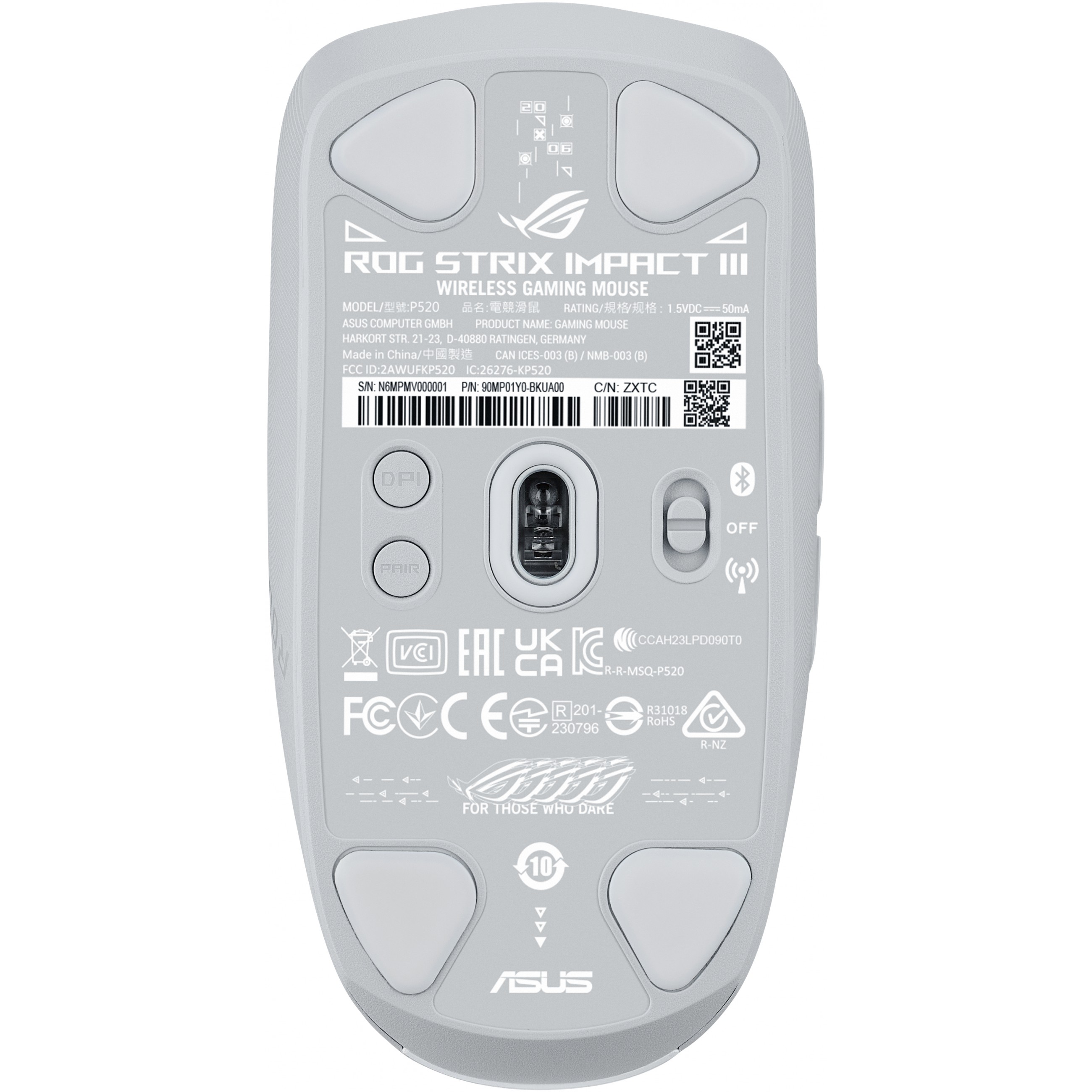 Miš ASUS ROG Strix Impact III Wireless (Bluetooth 5.1, 2.4 GHz, do 36,000 DPI, RGB LED, moonlight white)-3